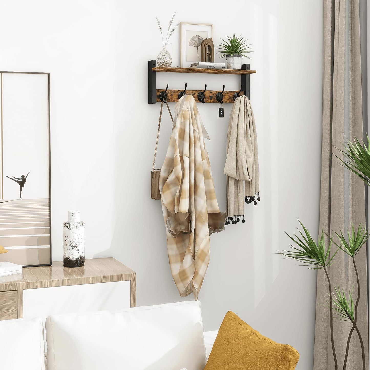 Homode Wall Hooks with Shelf, Wood Coat Rack with Shelf Wall-Mounted, Entryway Hanging Shelves with 5 Metal Hooks for Clothes Hats Towel Purse Robes, Bathroom Mudroom Bedroom, Rustic Brown Black