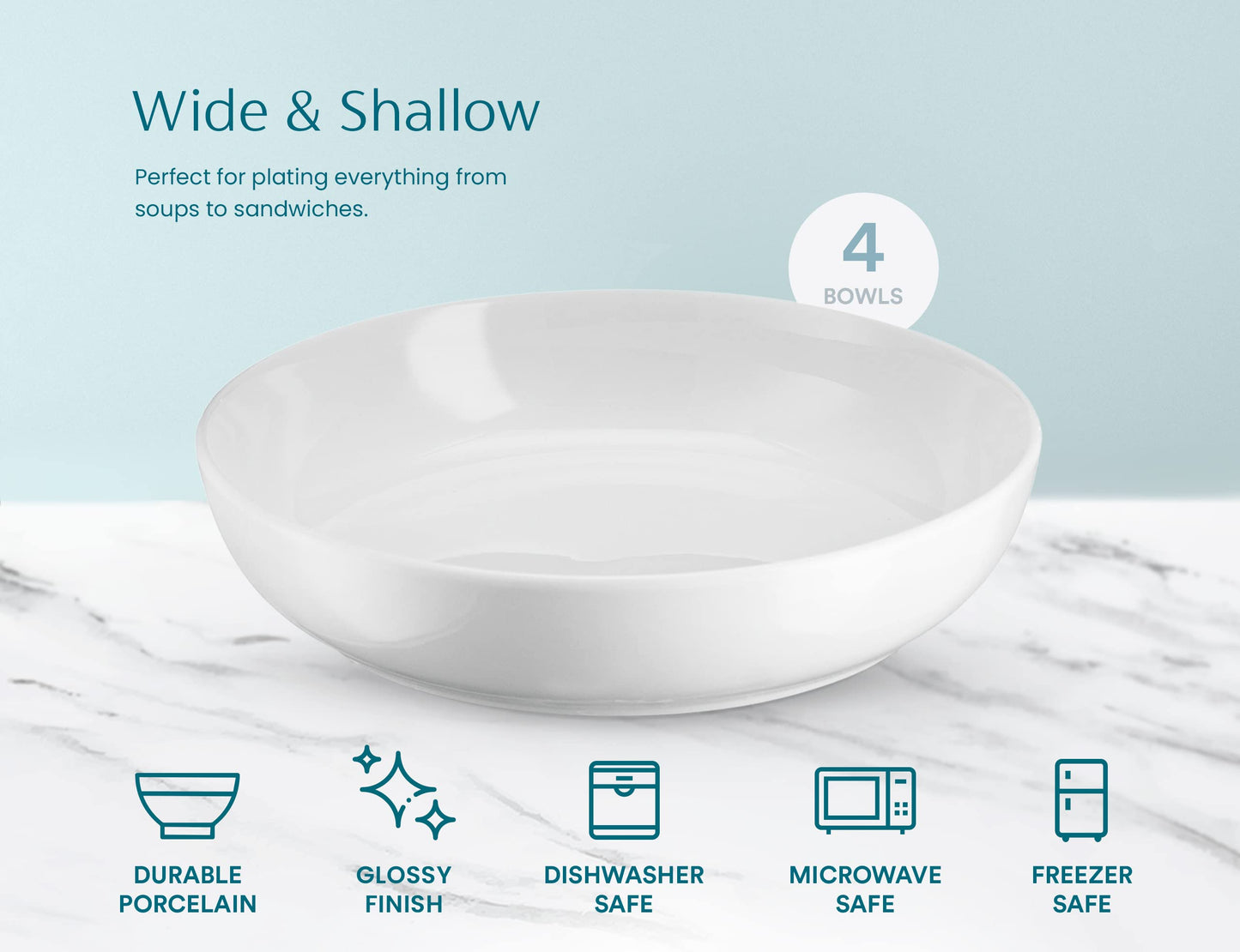 KooK Pasta Bowl, Salad Bowls, Bowls, Serving Bowls, Soup, Ceramic, Large Capacity, Microwave & Dishwasher Safe, Set of 4, 40 Oz, (White)