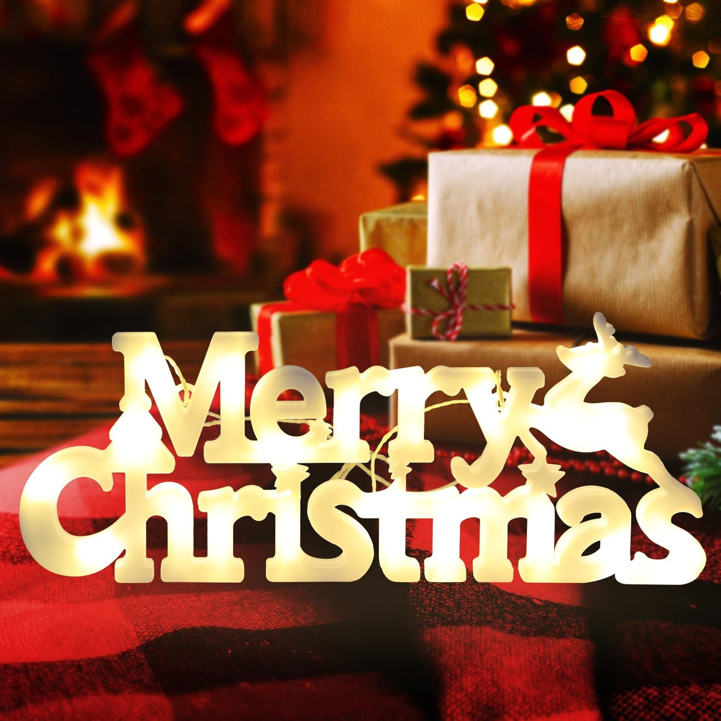 DERAYEE Merry Christmas Sign LED Hanging Ornament Light Christmas Glowing Letter Sign for Xmas Tree Wall Door Fireplace Indoor Outdoor