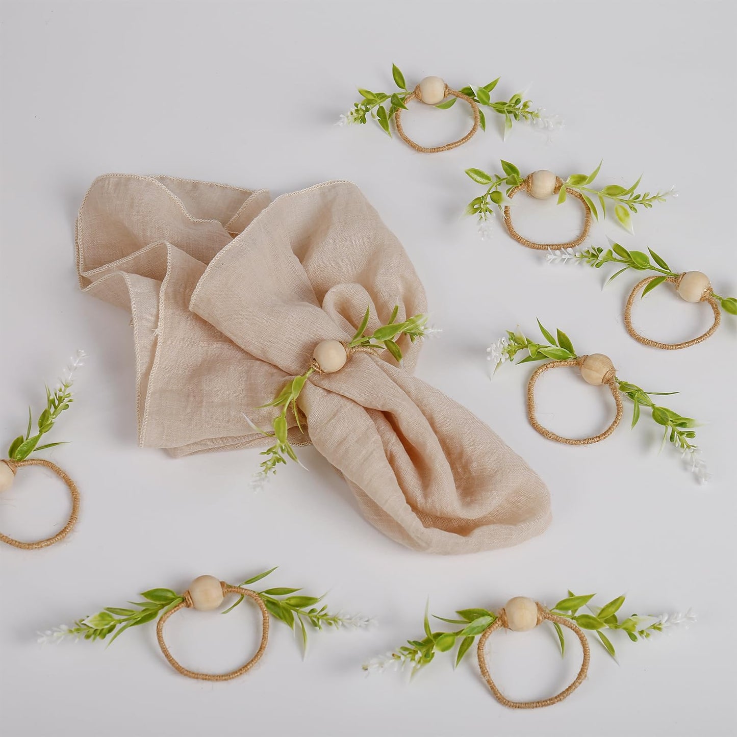 Getfitsoo Handmade Farmhouse Napkin Rings Set of 8, Eucalyptus Napkin Rings with Wooden Bead Greenery Leaves Rustic Napkins Holder for Easter Banquet Celebration, Wedding Parties Dinner Table Decor