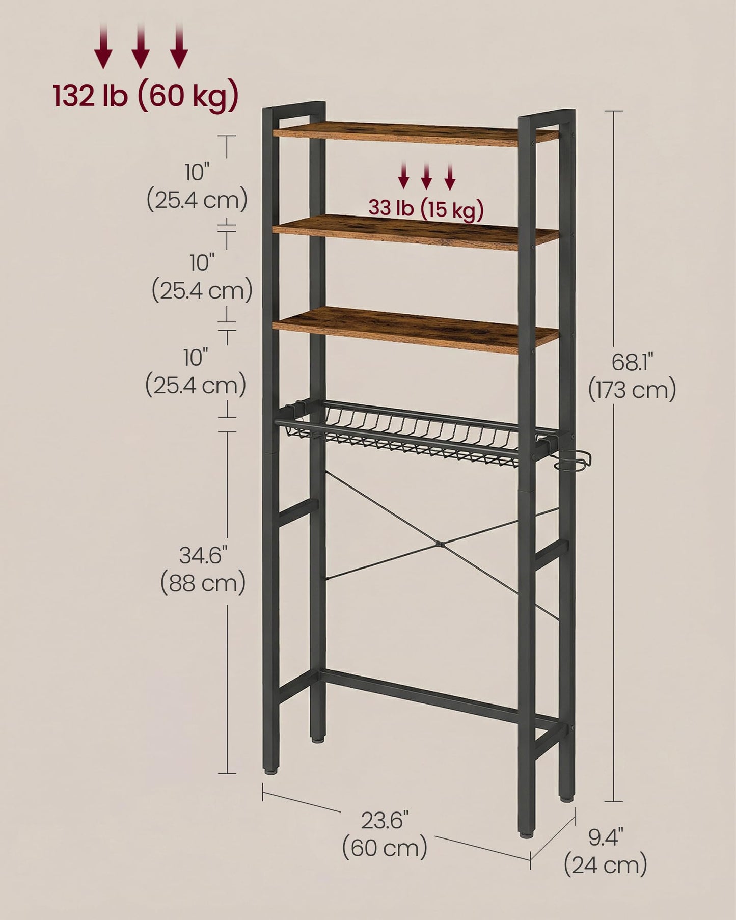 VASAGLE Over the Toilet Storage, Over Toilet Bathroom Organizer with Adjustable Shelves and Basket, 3 Hooks, Space Saving, 9.4 x 23.6 x 68.1 Inches, Rustic Brown UBTS114KD01S