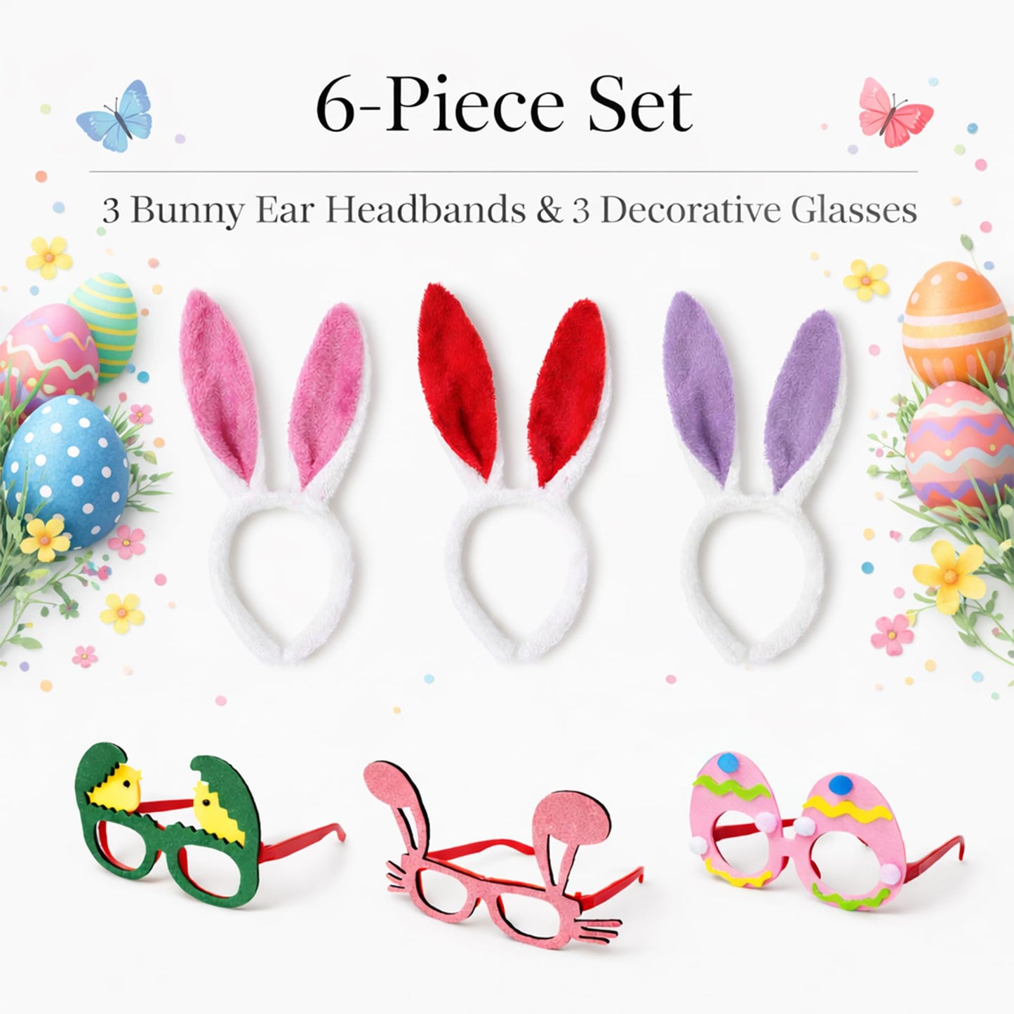 Coynurex Easter Headbands and Glasses Set, 6PCS Bunny Ear Headbands & Funny Easter Glasses, Cute Photo Props for Easter Basket Stuffers, Egg Hunt, Parties and Holiday Decorations
