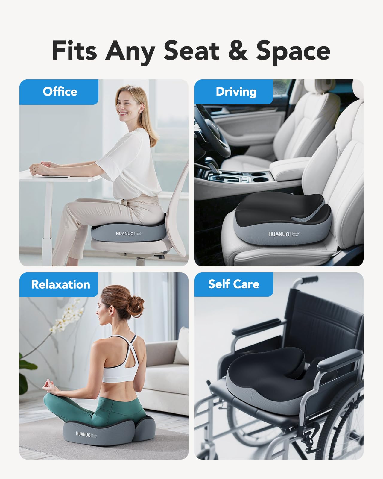 HUANUO Seat Cushion for Office Chair, Extra Large Memory Foam Cushion for Office Chair,Car & Wheelchair - Sciatica & Tailbone Pain Relief for Long Sitting, Ergonomic Design with Anti-Slip Bottom
