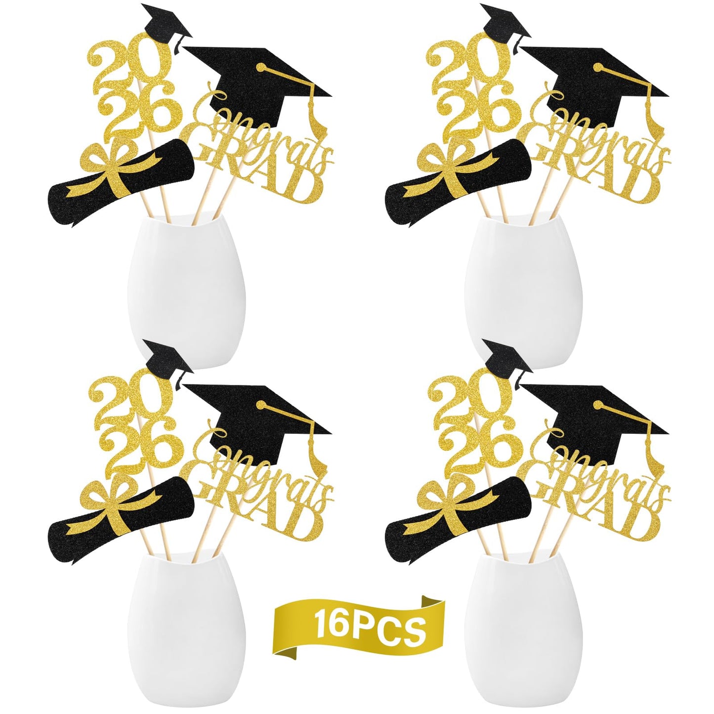 Graduation Decorations 2026, 16PCS Graduation Centerpieces for Tables, Class of 2026 Graduation Party Decorations, Gold and Black Grad Party Decors Table Toppers Sticks