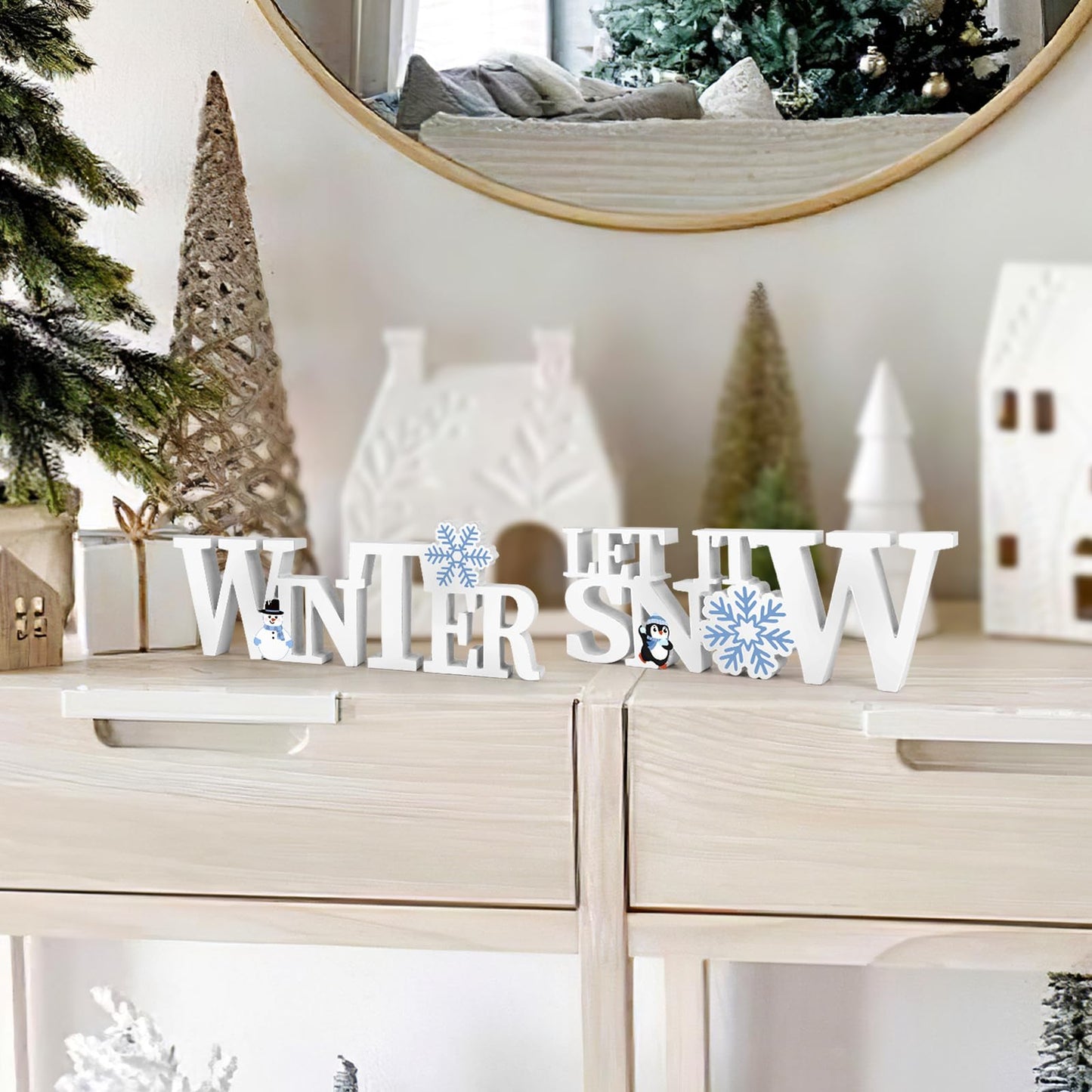 COCHIE Wooden Winter Let It Snow Sign, Snowflake Winter Decorations for Home, Office, Shelf, Mantel, Indoor, Blue White Wood Table Top Party Decor (White)