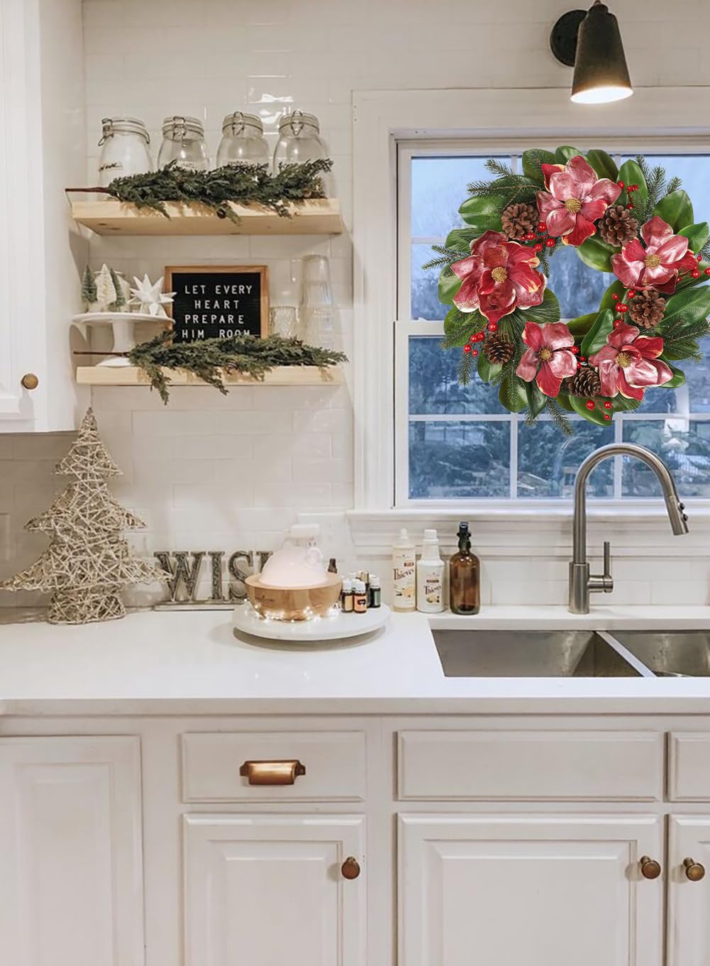 Briful 24in Christmas Magnolia Flower Wreath for Front Door Artificial Red Magnolia Floral Wreath with Pine Cones Berries Outdoor Christmas Wreath for Xmas Home Room Wall Window Mantle Decor