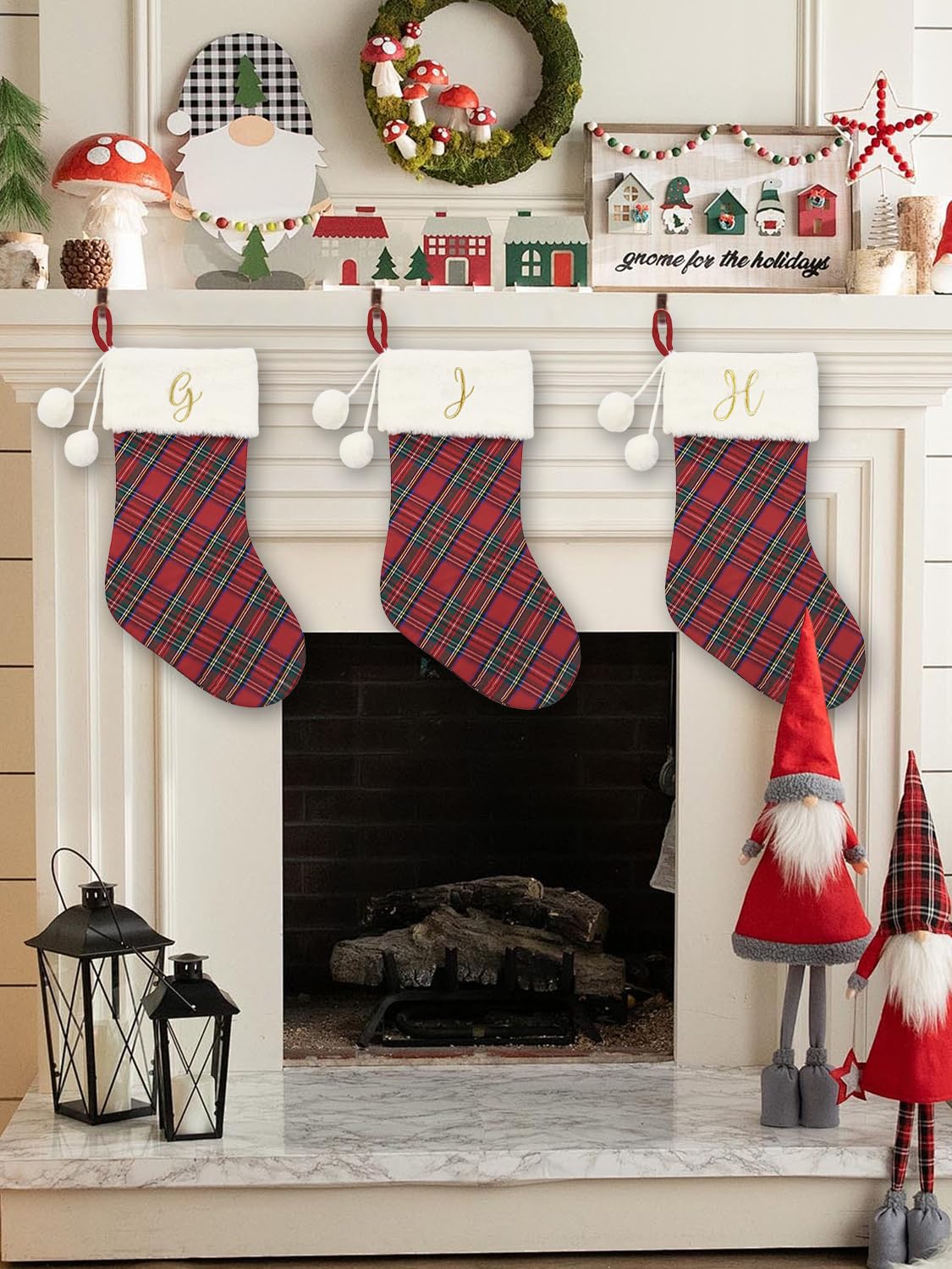 Just Jolly 20" Classic Plaid Christmas Stockings Initial Monogram Embroidered Stockings with Pom Pom Ball for Christmas Fireplace Decor and Xmas Gift (S)