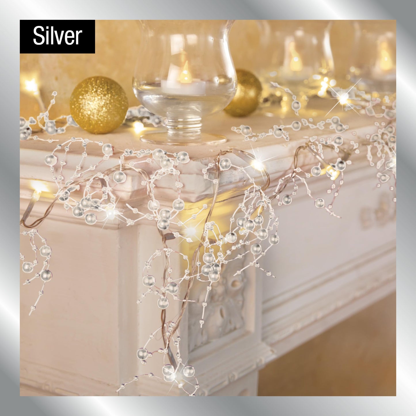 Collections Etc Indoor Christmas Decorations, Festive Lighted Berry Beaded Garland Silver- 120" L