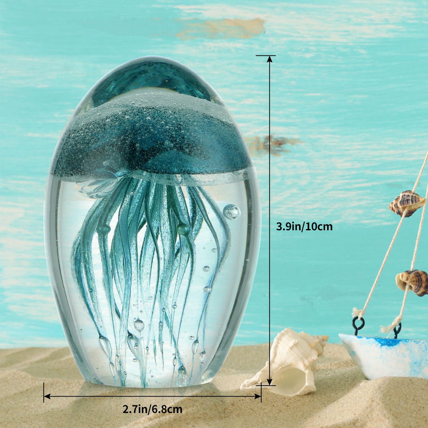 Sanbege Hand Blown Glass Jellyfish Figurine, Glow in The Dark Paperweight, Collectible Sea Creature Statue Decor for Home, Office, Party Decoration and Gift (Turquoise)