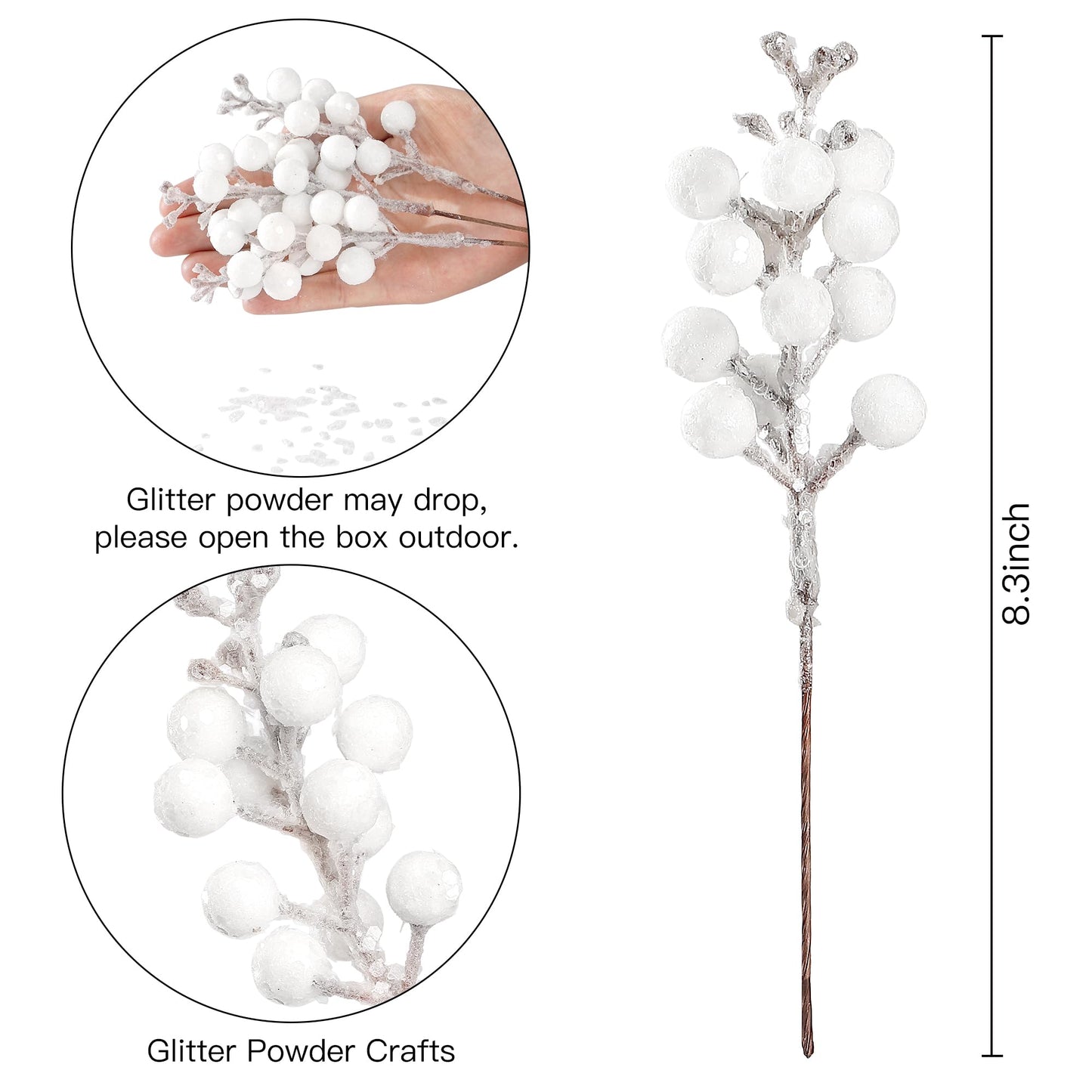 Sggvecsy 30Pcs Christmas Glitter Berries Stems Artificial Red Berry Branches Holly Picks Stems Christmas Tree Ornaments for DIY Xmas Wreath Crafts Gifts Holiday Home Decor (White)
