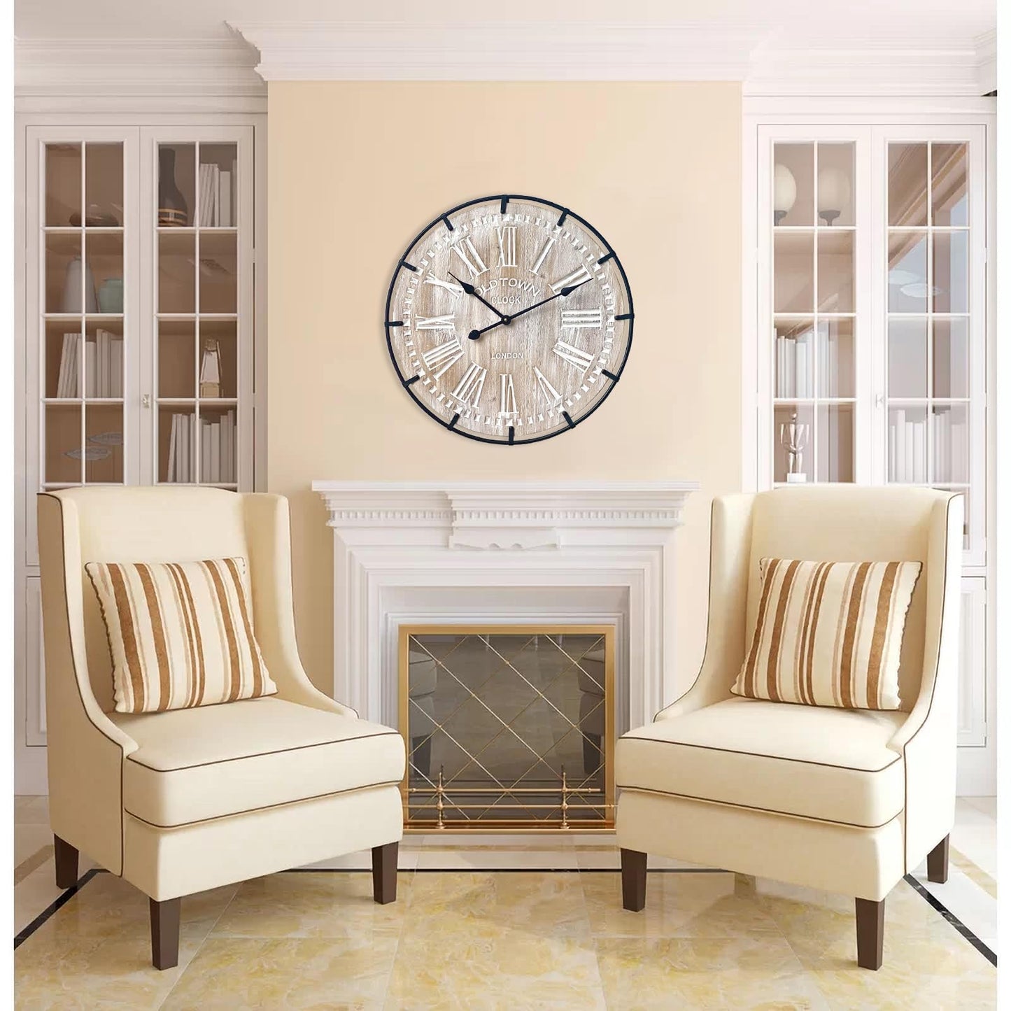 EMAX HOME 24 Inch Large Farmhouse Wall Clock, Rustic Antique Wood with Metal Circle and Large Engraved Numerals, Silent Battery Operated Wall Clock for Office Kitchen Bedroom Living Room