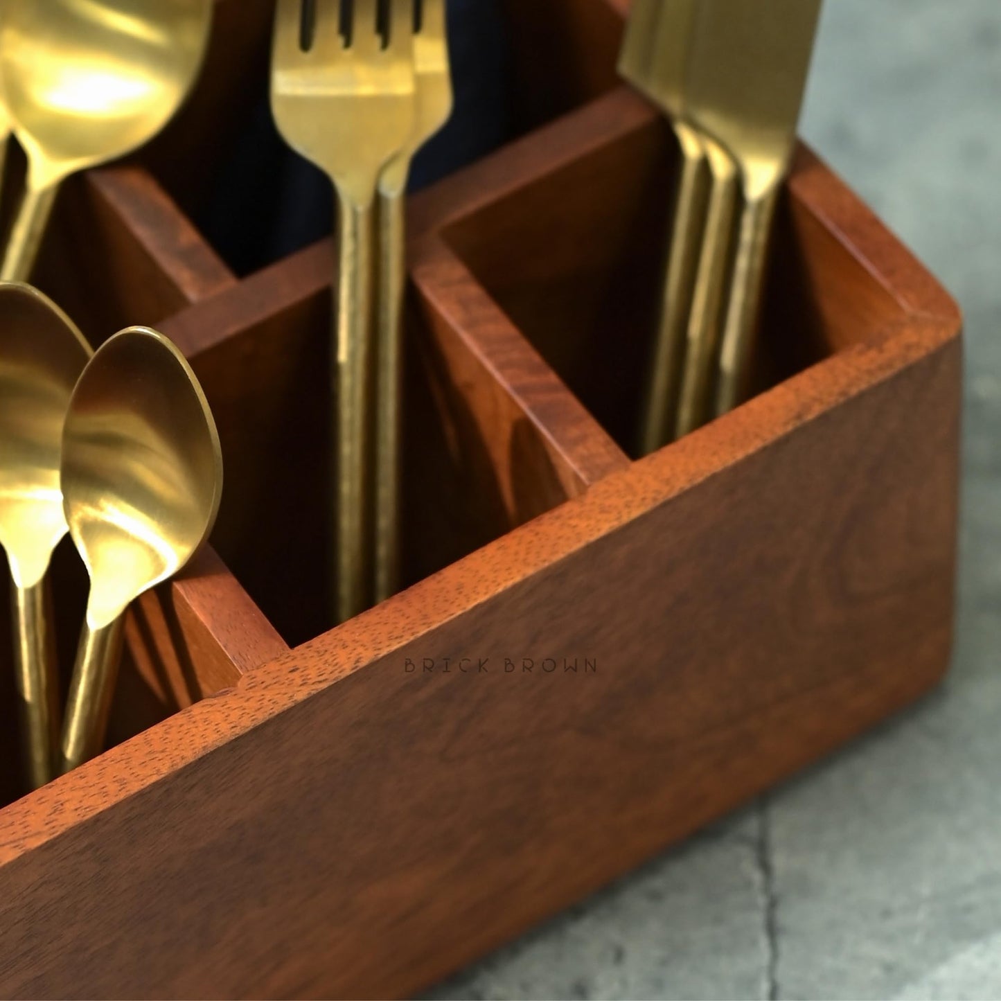 Brick Brown Premium Handcrafted Wooden Spoon stand for kitchen | cutlery holder for dining table | wooden caddy storage organiser stand with 5 section Mahogany Finish(8.75x6x4.5 inch)