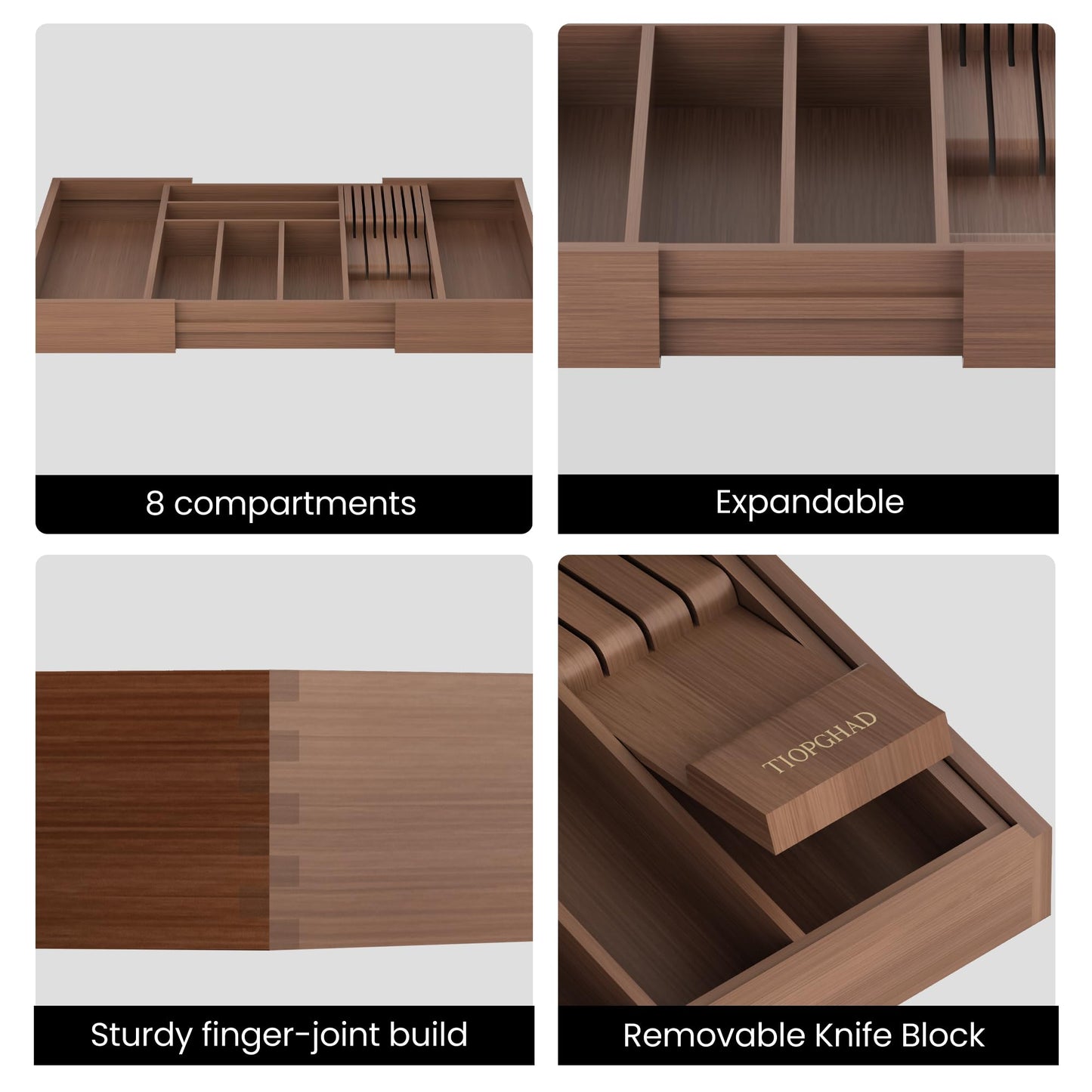 TIOPGHAD Bamboo-Silverware-Drawer-Organizer-Kitchen, Expandable Utensil Holder Cutlery Tray Flatware Organization Adjustable Wood Tableware Dividers Storage (with Removable Knife Block)(Brown)