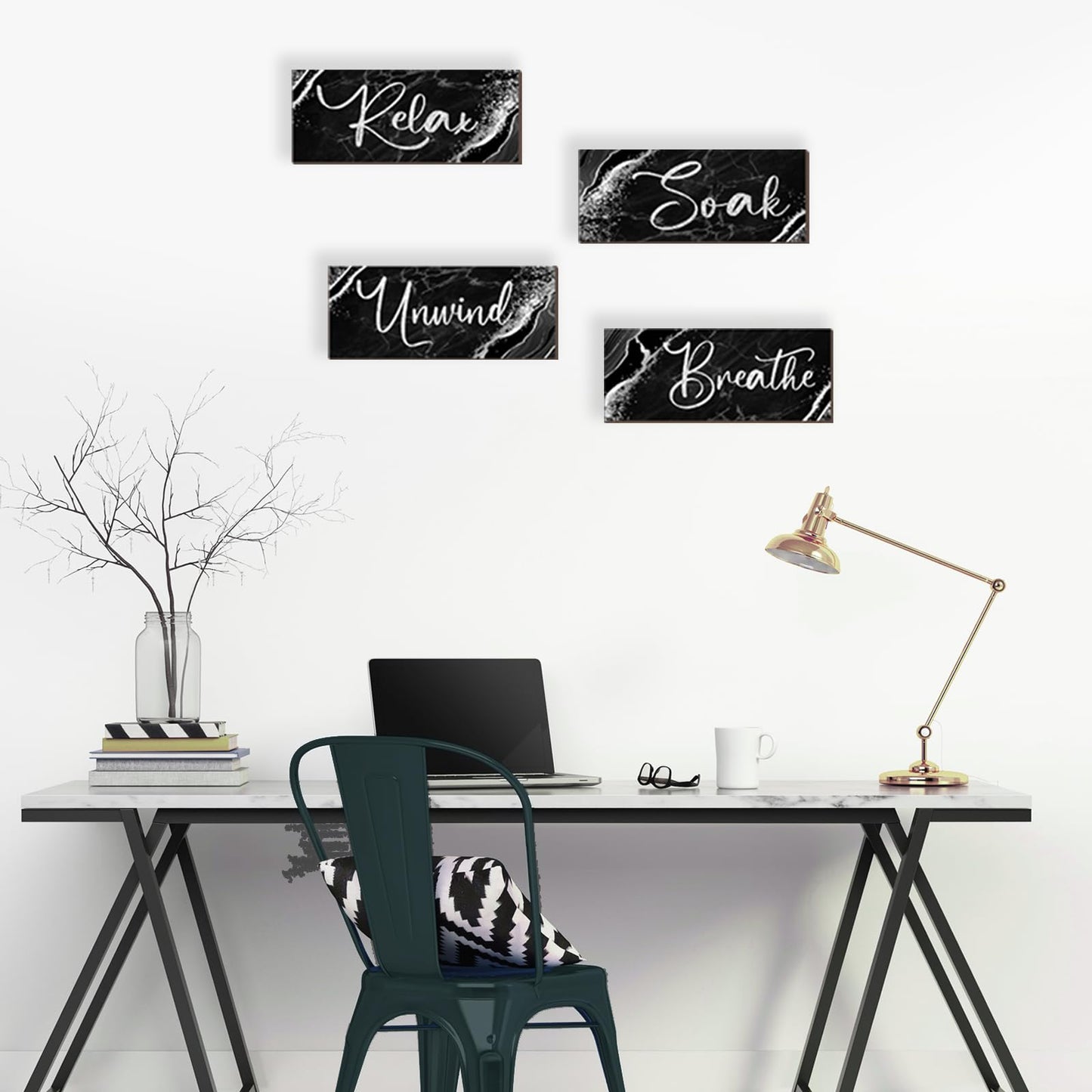 ONIZHITY 4 Pcs Black And Silver Bathroom Decor Wall Signs Relax Soak Unwind Breathe Wooden Rustic Marble Style Bathroom Accessories for Bedroom Living Room Kitchen Decoration(Black Silver 10X4")