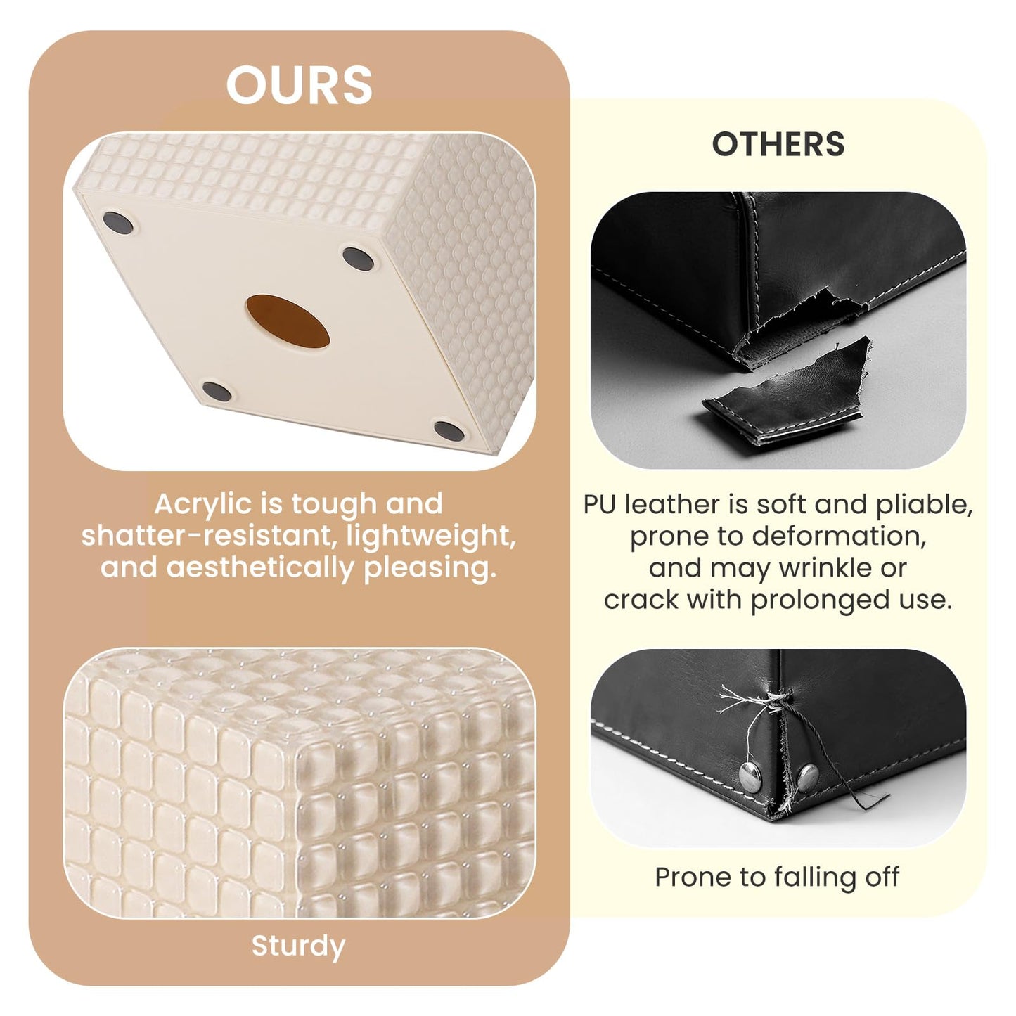 Tissue Box Cover, Square Modern Facial Acrylic Tissue Holder, Aesthetic Cube Napkin Dispenser Accessories for Bathroom Vanity Countertop, Night Stand, Office Beige