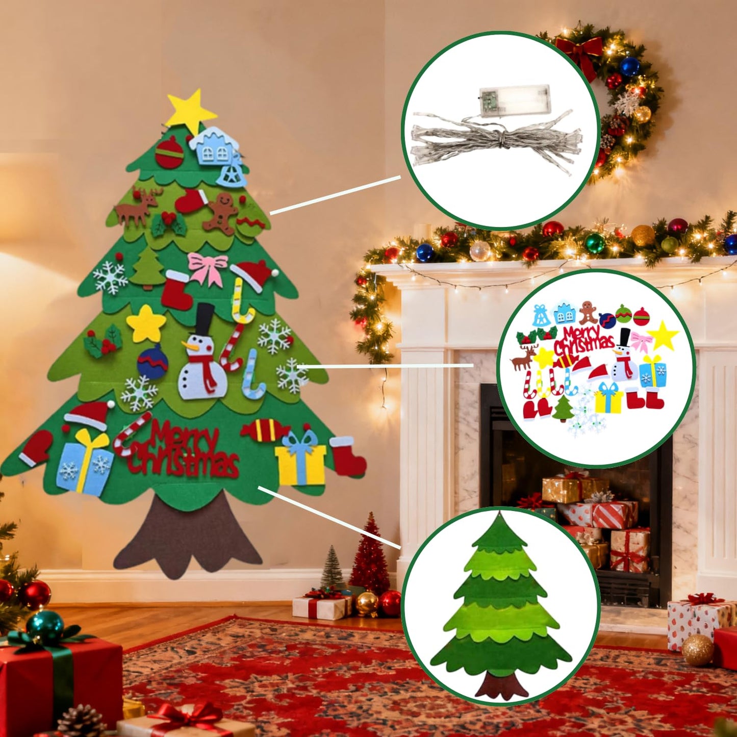 Felt Christmas Tree, 3ft DIY Felt Christmas Tree Set with 32 Ornaments & LED String Light, Decorations Christmas Wall Hanging, Felt Craft Kit, Gifts Party Supplies for 13 Years and Older