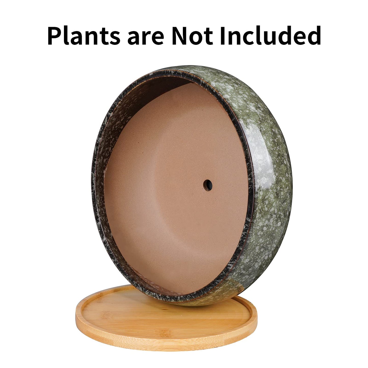 EPFamily 8 Inch Ceramic Bonsai Planter Pot, Glazed Shallow Succulent Planter with Drainage Hole and Bamboo Saucer for Indoor Plants, Brown