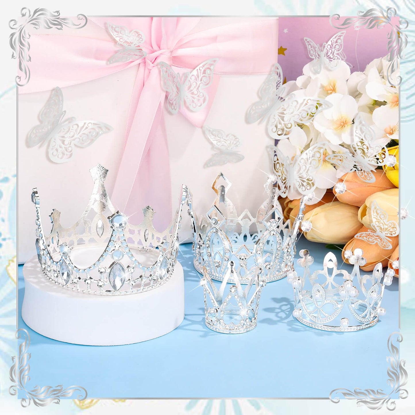 cridoz Flower Bouquet Accessories Including 4 Pcs Silver Crowns, 12 Pcs Butterfly Decorations and 50 Pcs Flower Pins for Flower Bouquets and Cake Topper Decoration