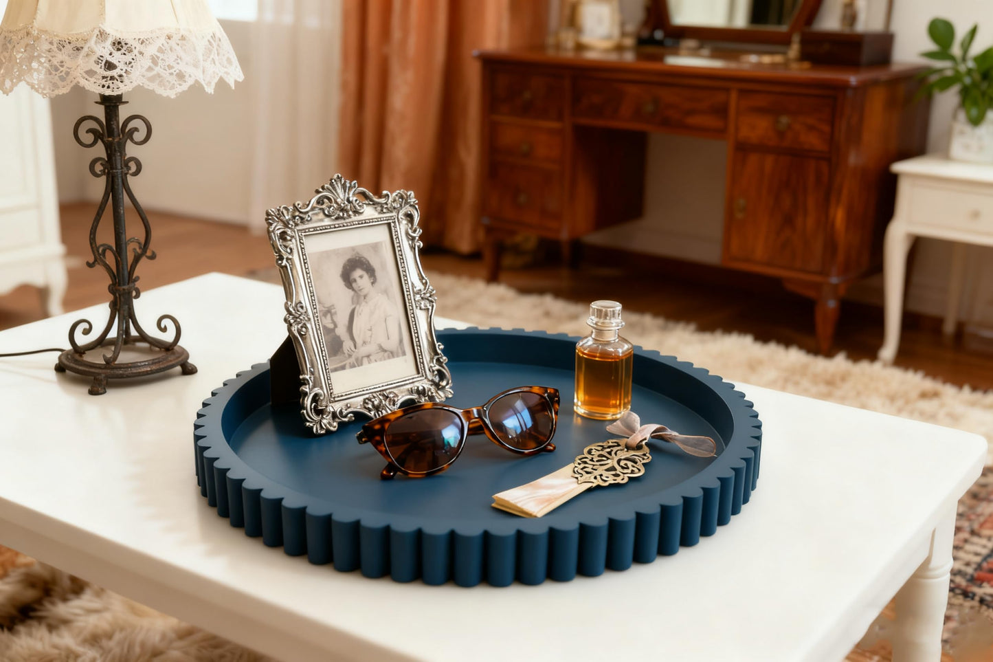 Handmade 12in Decorative Tray for Coffee Table Tray Decor, Blue Wooden Decorative Round Tray for Kitchen, Living Room, Home Decor