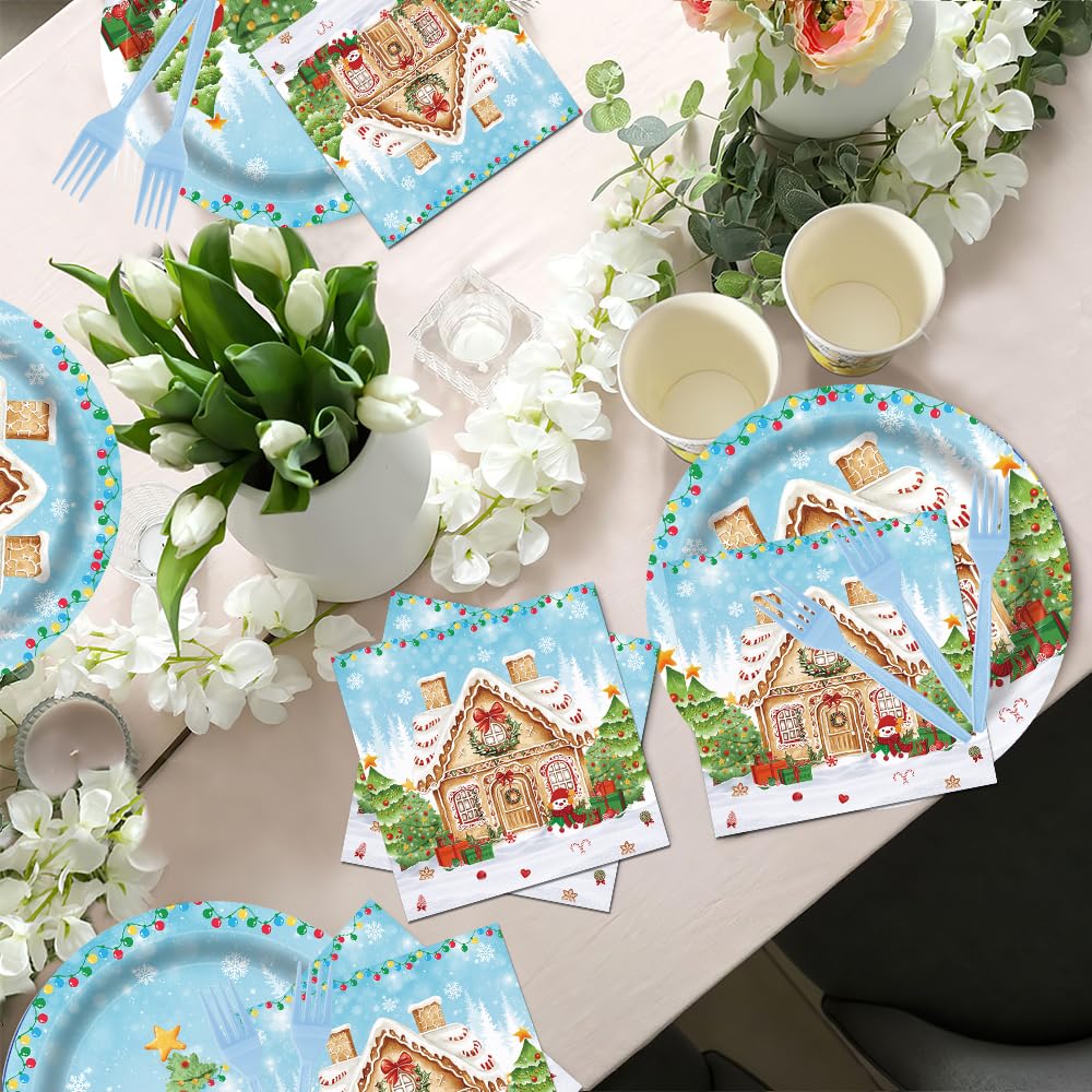 Fitumiw 96Pcs Gingerbread House Party Tableware Supplies Merry Christmas Cartoon Candy House Snowman Plates and Napkins Christmas Trees Winter Wonderland Party Set Decorations Serve 24 Guests