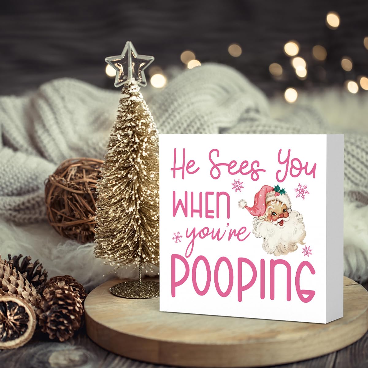 Funny Christmas Bathroom Decor, Pink Christmas Decoration, Funny Gift Decorations for Bathroom, Wooden Box Sign for Home Farmhouse Office Living Room Table Shelf Tiered Desk Decor