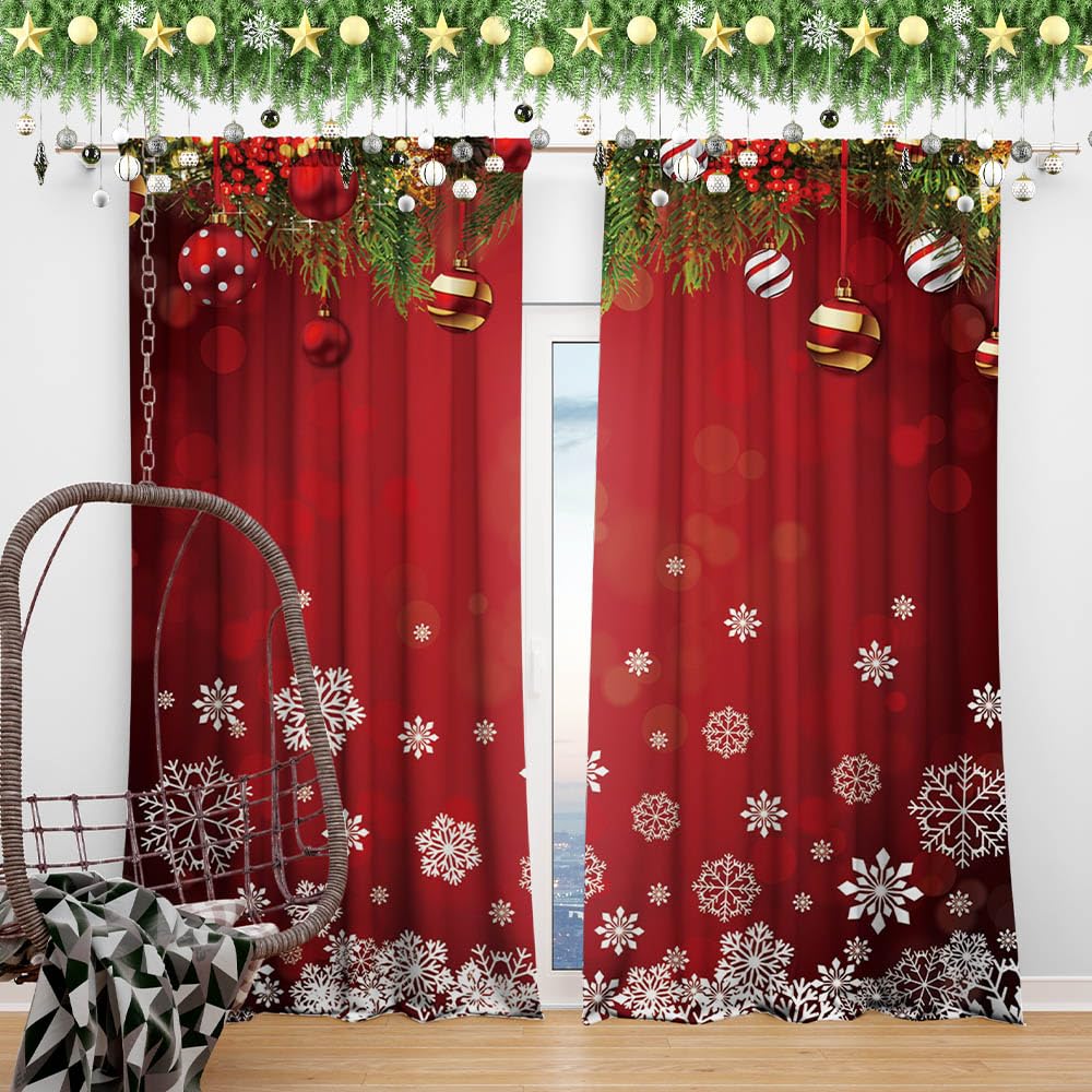 DOTOOMA 82x84 Inches Christmas Snowflake Window Curtains Xmas Ornaments Coniferous Pine Tree Tinsel Theme Bedroom Living Room Decorative Curtains Drapes 2 Panel