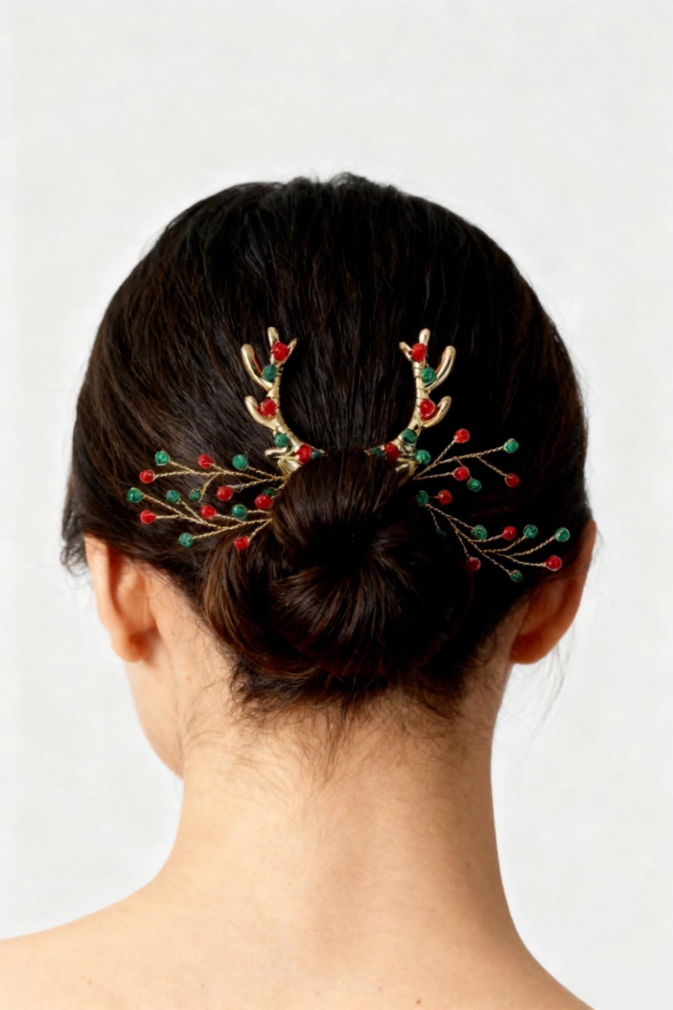 Reindeer Antler Hair Comb with Red Green Beads Gold Christmas Antler Side Comb for Women Cute Xmas Headpiece Red Bridal Accessories for Wedding Birthday Festive Party