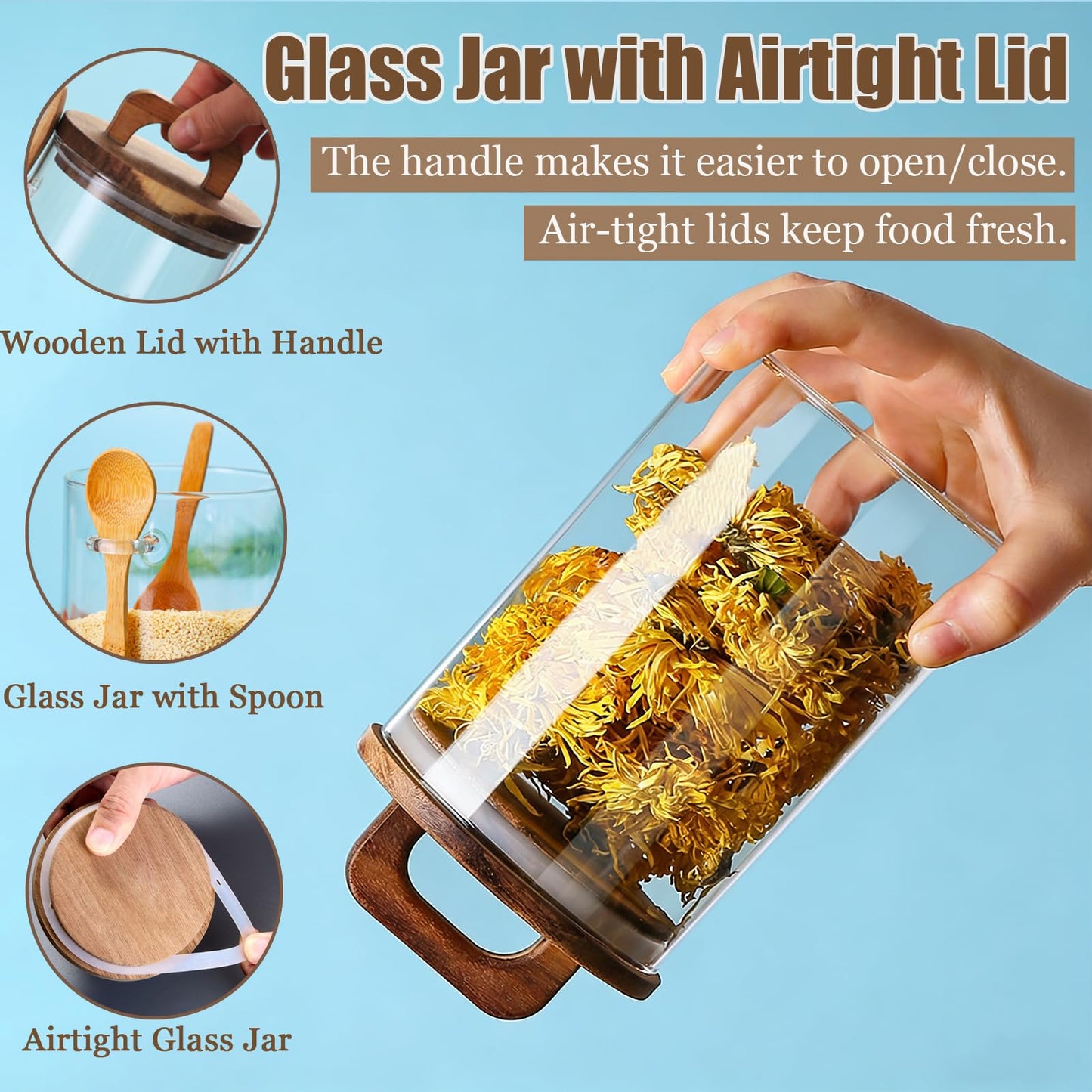 Coriario 24 OZ Glass Jar with Wooden Lid and Spoon Airtight Glass Candy Jars Wide Mouth Clear Glass Coffee Storage Canister Handle Lids for Food Sugar Cookie Tea Decorative