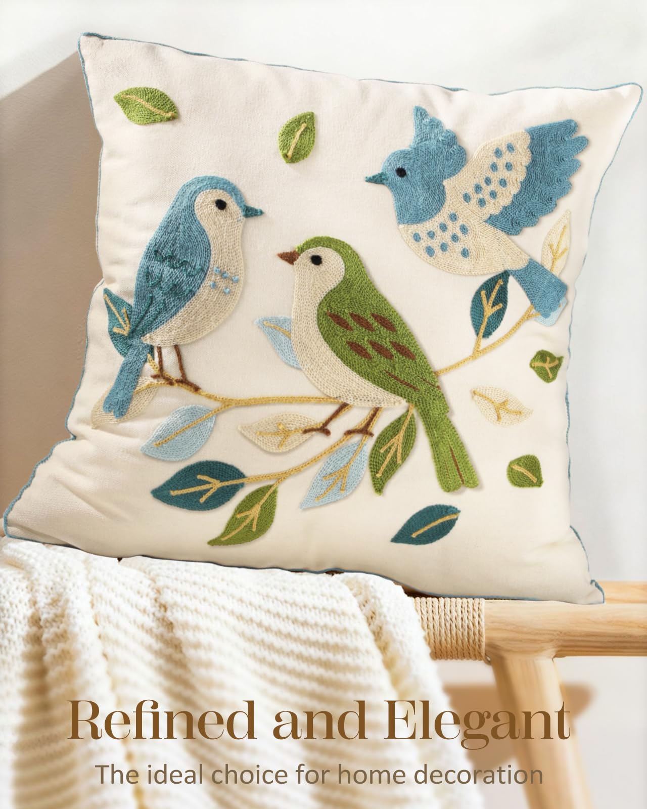 Kokaaee Embroidered Throw Pillow Cover 18x18 Inch - Spring Boho Decorative Pillow Covers with Zipper for Couch Sofa Bedroom Living Room Cushion Pillowcase, Birds Leaves