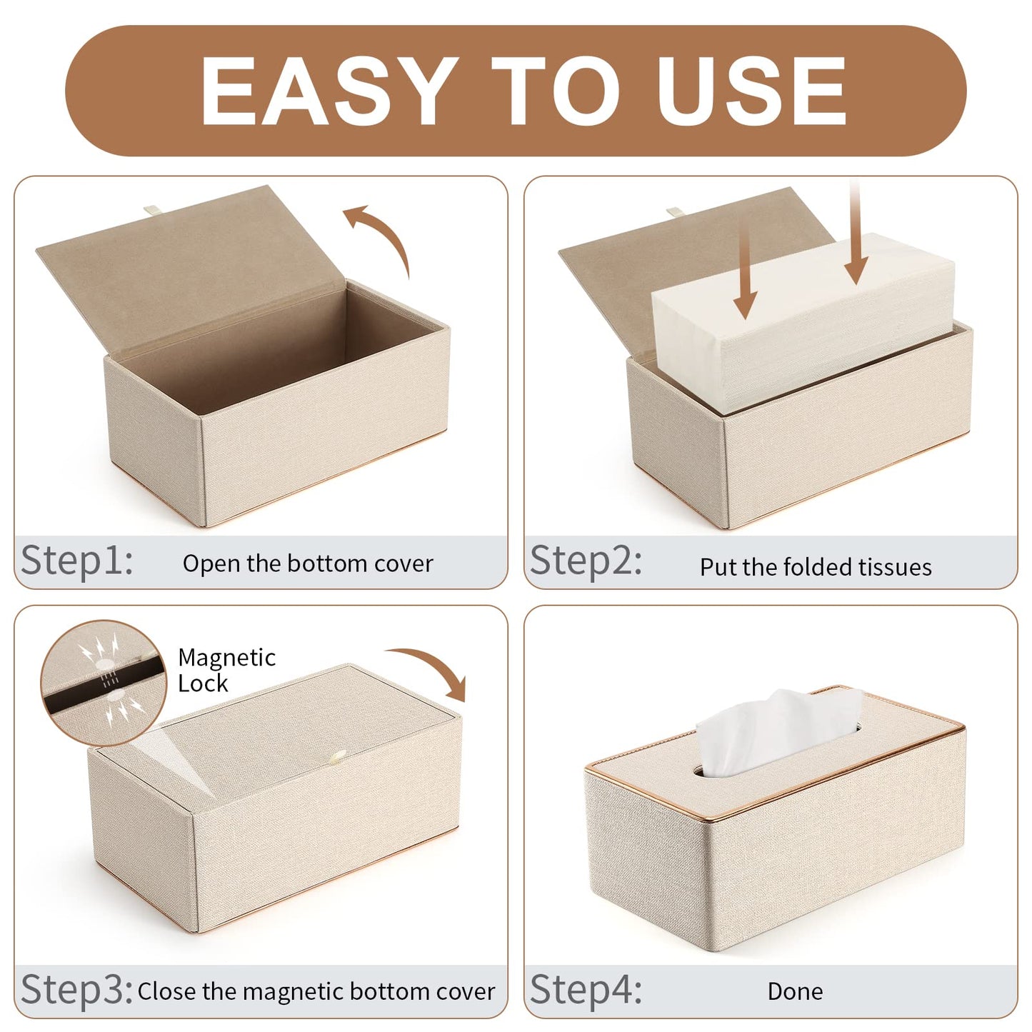Tissue Box Cover, PU Leather Tissue Box Holder Rectangular Box Covers for Home/Office/Car Decoration 9.84"X5.23"X3.77" - Beige