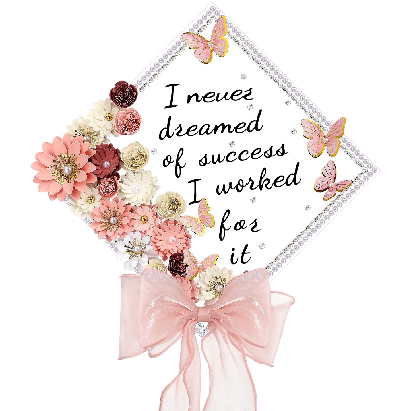 MotiMind 46 Pcs DIY Graduation Cap Decorations Kit Included Paper Flowers, 3D Butterfly Stickers, Rhinestone, Letter, Pearl Stickers, Mesh Ribbon Bow for DIY Grad Cap Decor(Pink)