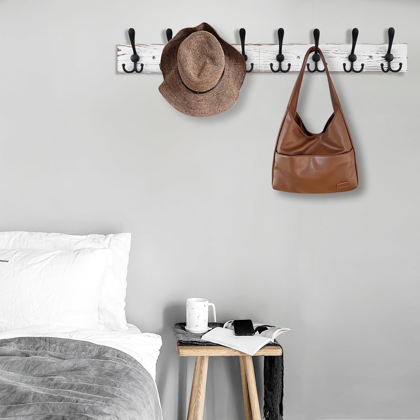Kuhome 32.2'' Large Coat Rack Wall Mount Coat Hooks with 8 Metal Black Triple-Hooks Old White Pine Real Wood Plank Hat Rack for Wall Hooks