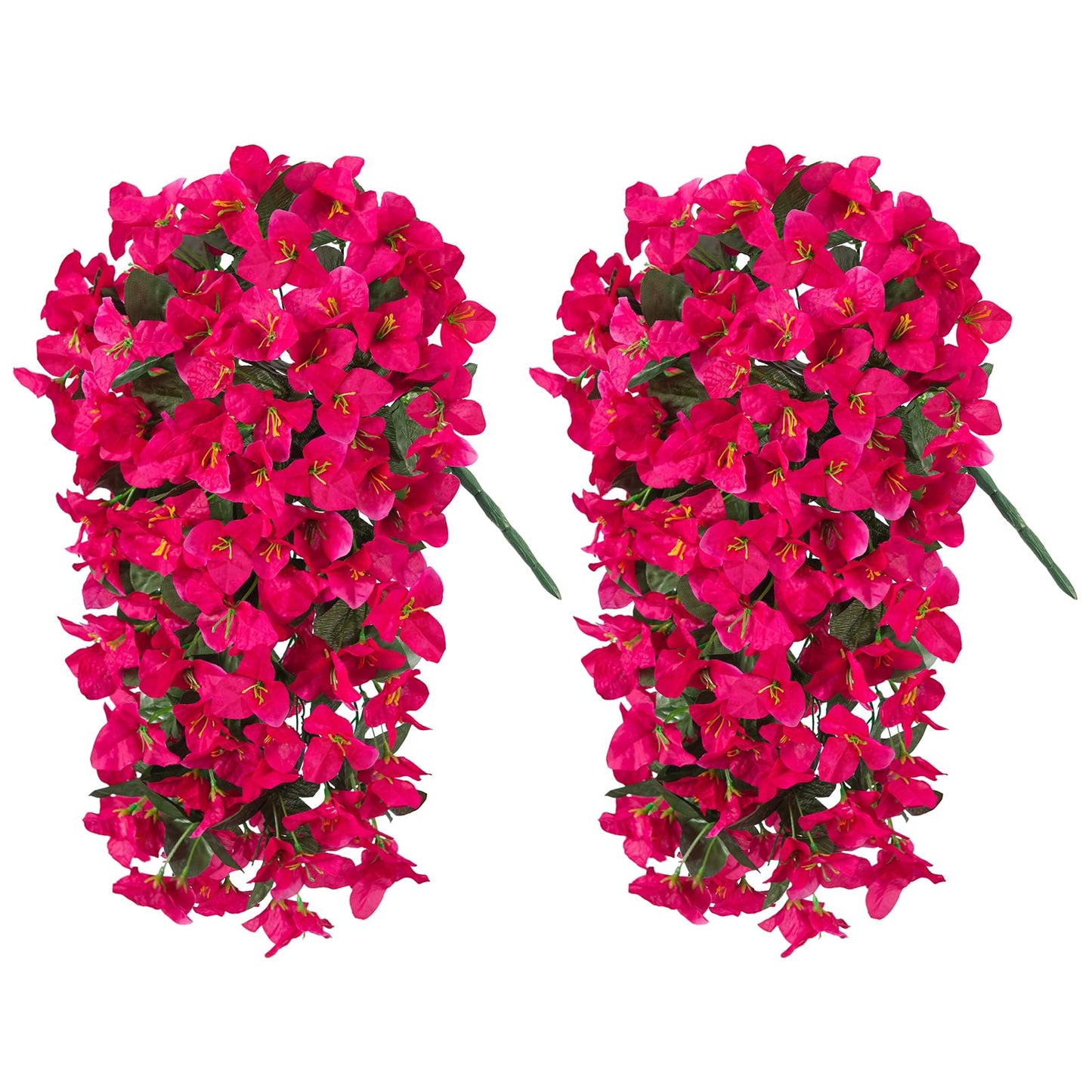 INXUGAO 2 pcs Artificial Faux Bougainvillea Flowers Plants for Outdoor Outside Summer Decoration, Fake Silk UV Resistant Long Trailing Vines for Front Door Porch Planter Balcony (Purple Rose Red)