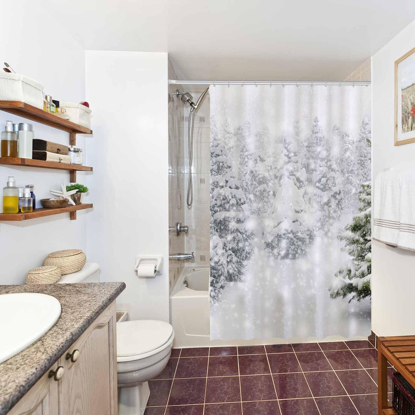 Allenjoy 72x72 inch Christmas Shower Curtain Set Natural Winter Forest Snowflake Snowfall Bathroom Curtain Durable Waterproof Fabric Bathtub Sets Home Decor