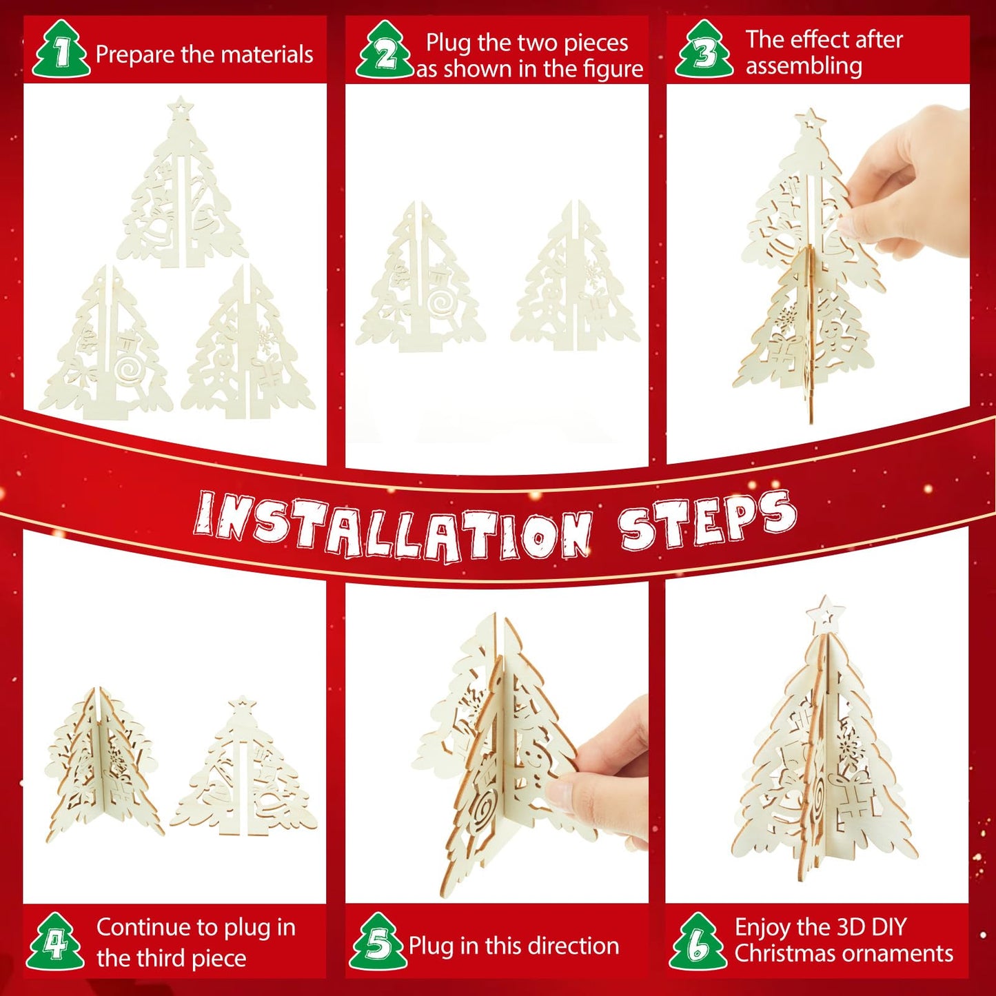 Chunful 72 Pcs Christmas Tree Wooden Crafts DIY 3D Christmas Tree Signs Xmas Unfinished Wood Cutouts Crafts Ornaments Hollow Wooden Slices Hanging Decoration for Xmas Holiday Tabletop Gifts