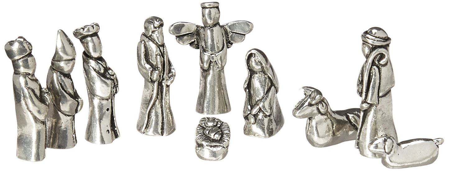 Nativity Set Mini Pewter Figurine 10 pc Set w/ Velvet Pouch