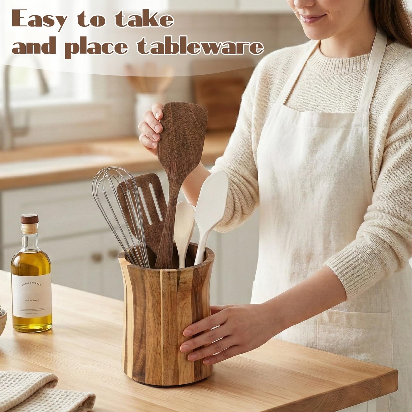KongTiva 2 Pcs Wooden Utensil Holder for Kitchen Counter, 360° Rotating Kitchen Utensil Holder 7.3" & 6" Large Cooking Utensil Crocks for Countertop Spatula Storage Farmhouse Kitchen Decor
