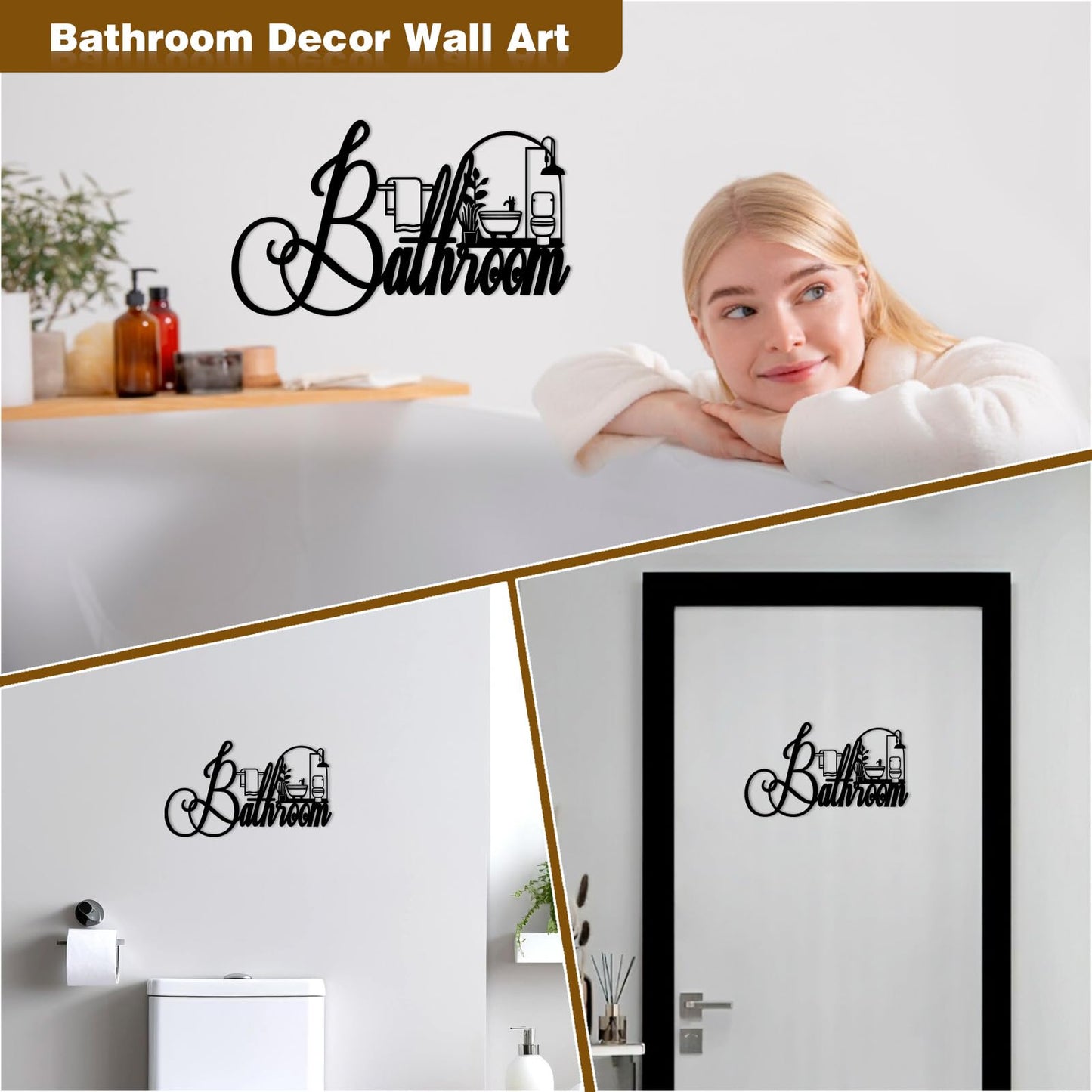 Black Metal Bathroom Wall Decor, Farmhouse Funny Bathroom Sign for Modern Home Hanging Decorations, Metal Bath Art (15 X 8.6in)