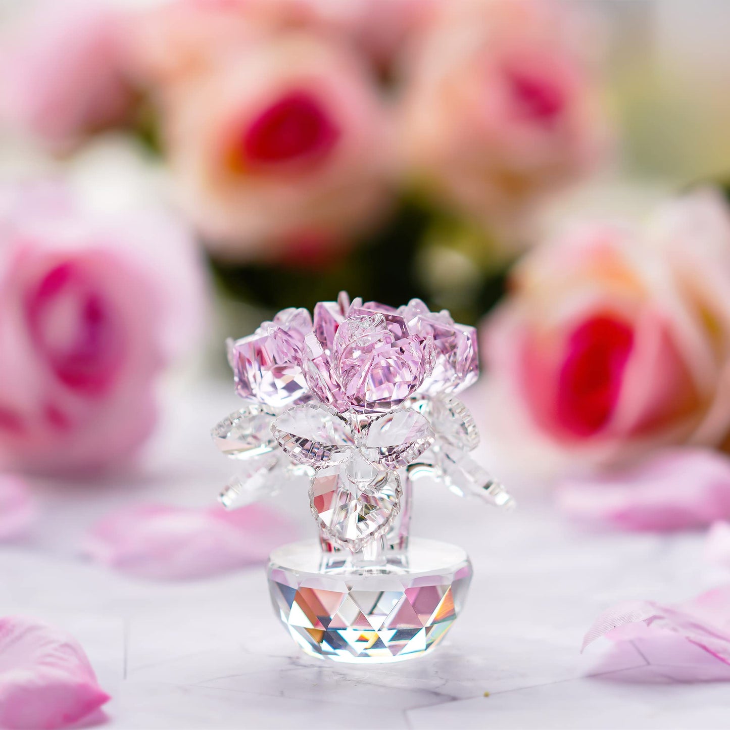 QFkris Pink Crystal Rose Bouquet Flower Figurine for Home Decor 2.8" Glass Flowers Ornament Collection for Women Valentines Day Thanksgiving,Christmas,Mother's Day