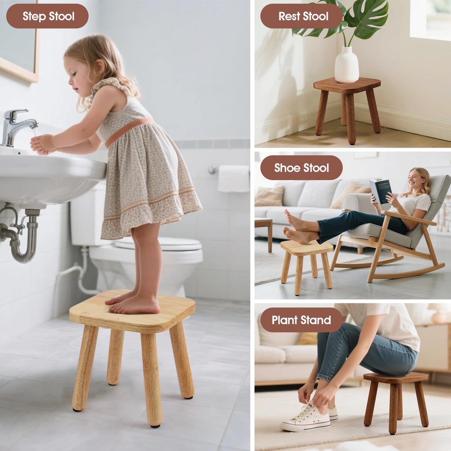 Solid Wood Step Stool 9.3" - 300lbs Capacity Plant Stand Indoor, Smal Stools to Sit on, Multi-Use Footstool for Bathroom/Bedroom/Kitchen Color: Walnut