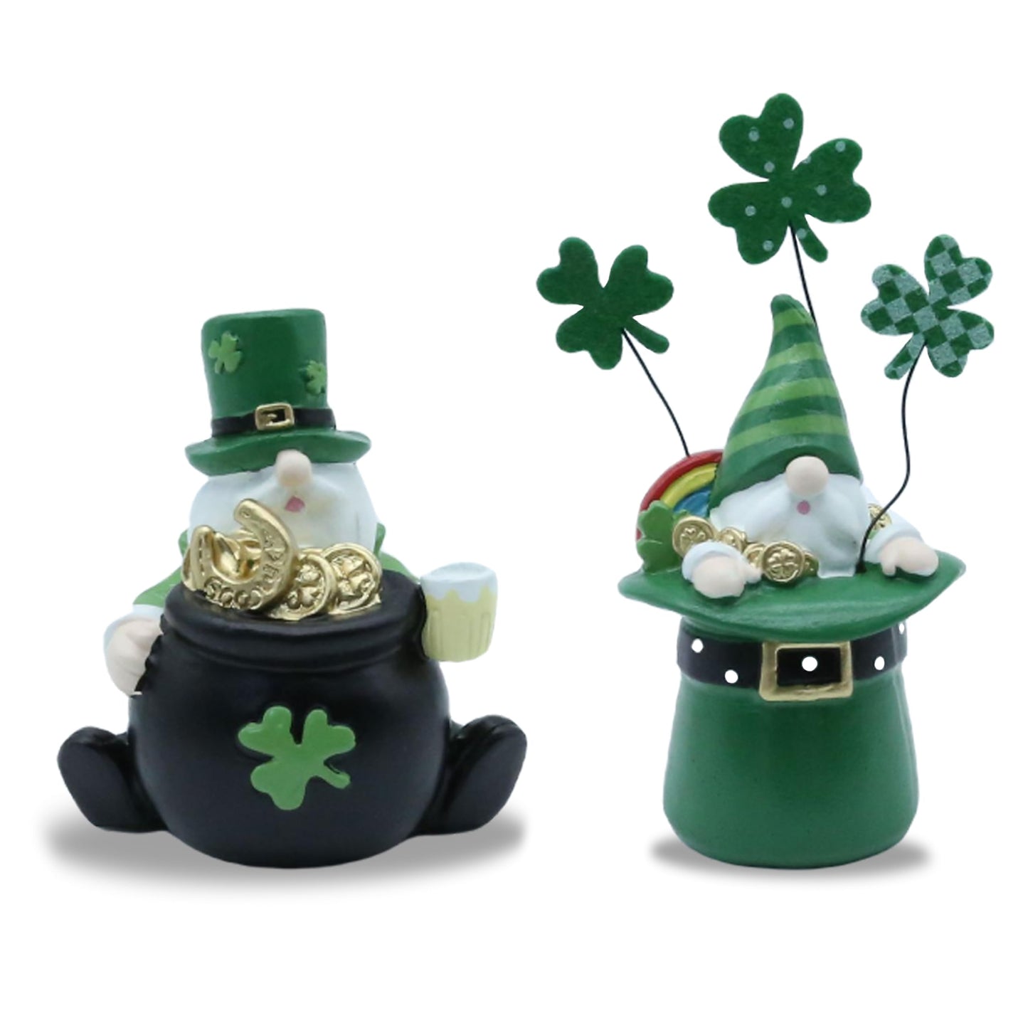 AOMOONOA St. Patrick’s Day Gnomes, 2Pcs Small Leprechaun Figurines for Irish Home Decor, Resin Green Elf Statues with Coins and Lucky Clover for Holiday Tabletop, Tiered Tray Decorations