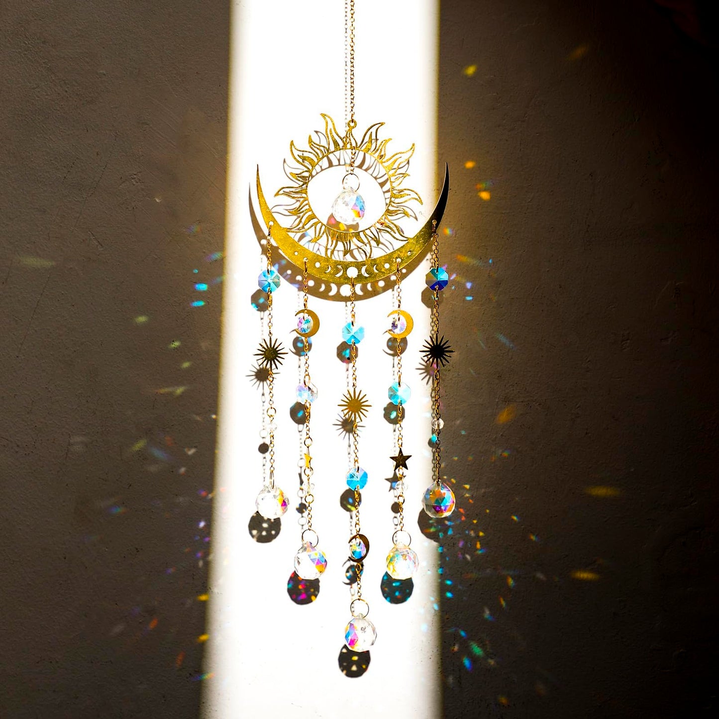 Artilady Sun and Moon Suncatcher - Large Crystal Wind Chimes for Outside Stained Glass Window Hanging Prisms Garden Backyard Ceiling Room Decor Christmas Housewarming Birthday Gift for Girls
