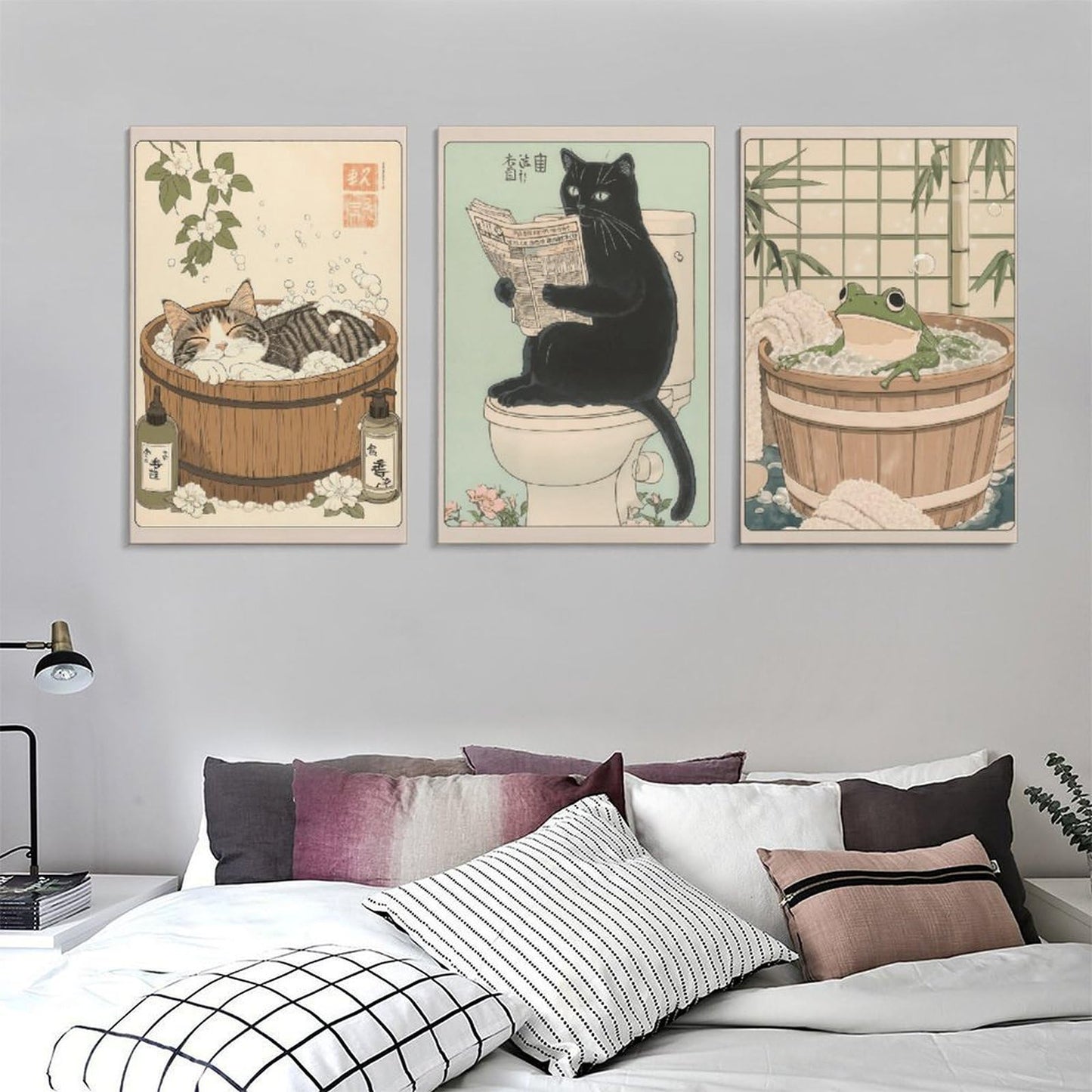 KERAXL Anime Cats Bathroom Poster Art Print, Funny Animal Bathroom Japanese Culture Wall Art Decor Cute Toilet Unframe 08×12inch(20×30cm) Set Of 3