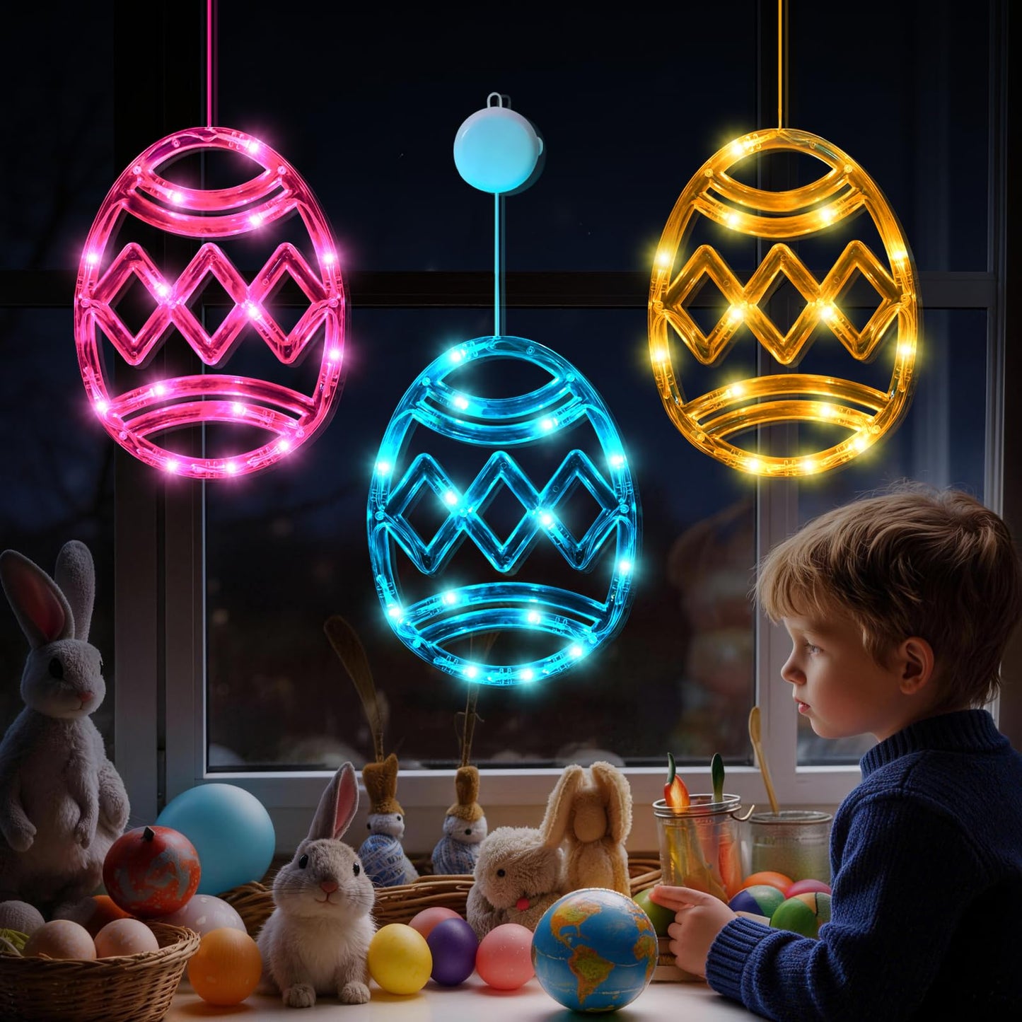 LYUBASA 3 Pack Easter Window Lights Decorations with Timer, Battery Powered Hanging Pink Yellow Blue Lighted Egg Shaped Sucker LED Lamp for 2026 Holiday Indoor Home Decor