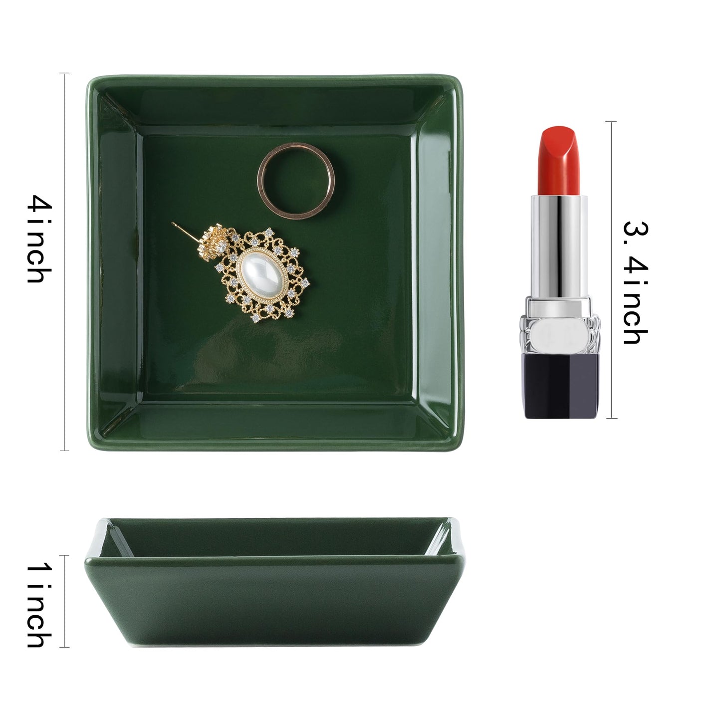 QNMUSUNC Ceramic Ring Dish, Jewelry Dish Holder, Small Trinket Tray Plate for Earrings Rings Necklaces Keys, for Mom Friend Sister (Dark Green Surface)