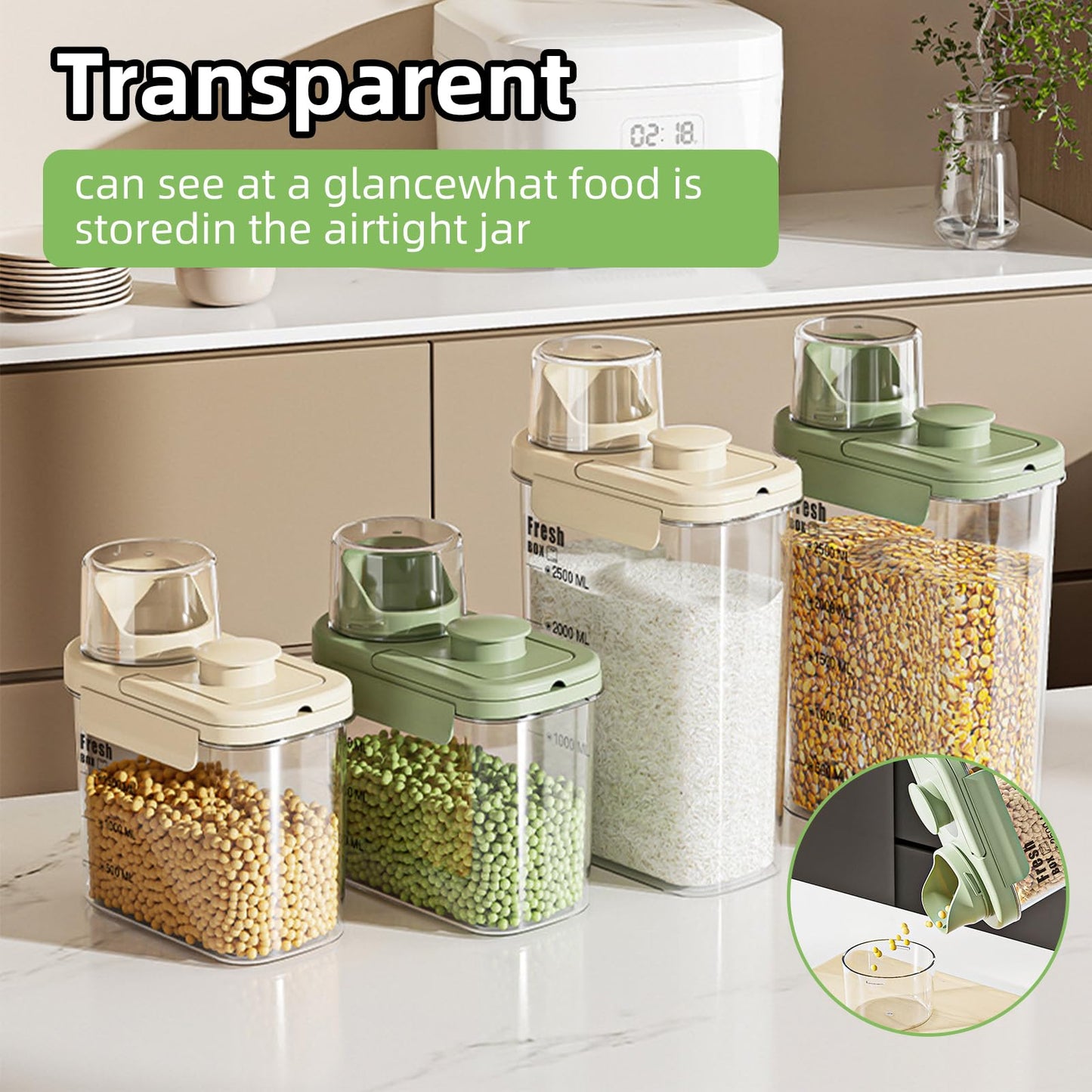 KTBLVFN Airtight Rice Storage Container,with Pour Spout & Measuring Cup, BPA-Free - Transparent Dry Food Canister for Cereal, Flour, Pet Food, Oatmeal, Pantry Storage (Light Grass Green, 1600ml)