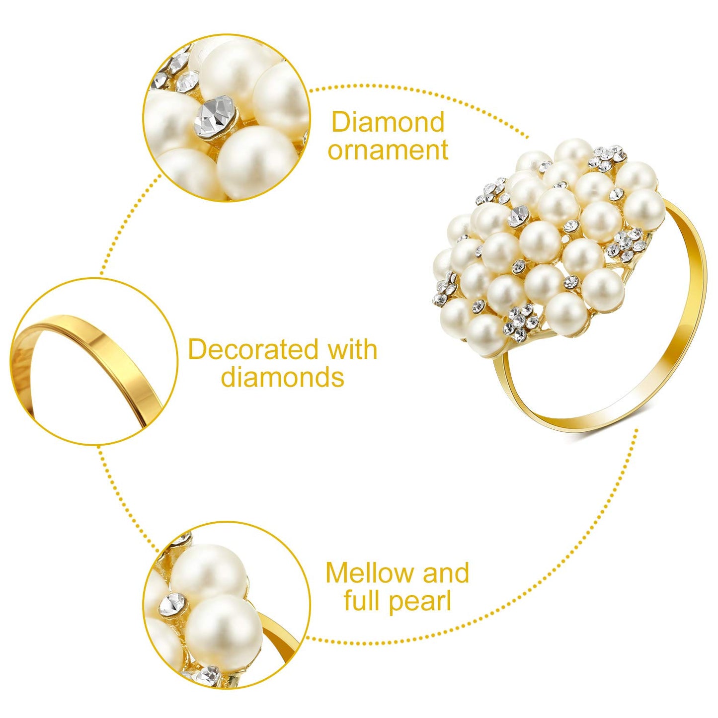Hotop 12 Pcs Gold Napkin Rings Pearls and Flower Napkin Buckles Rhinestone Bling Round Holders for Wedding Party Dinner Holiday Banquet Christmas Thanksgiving Day Home Table Decoration