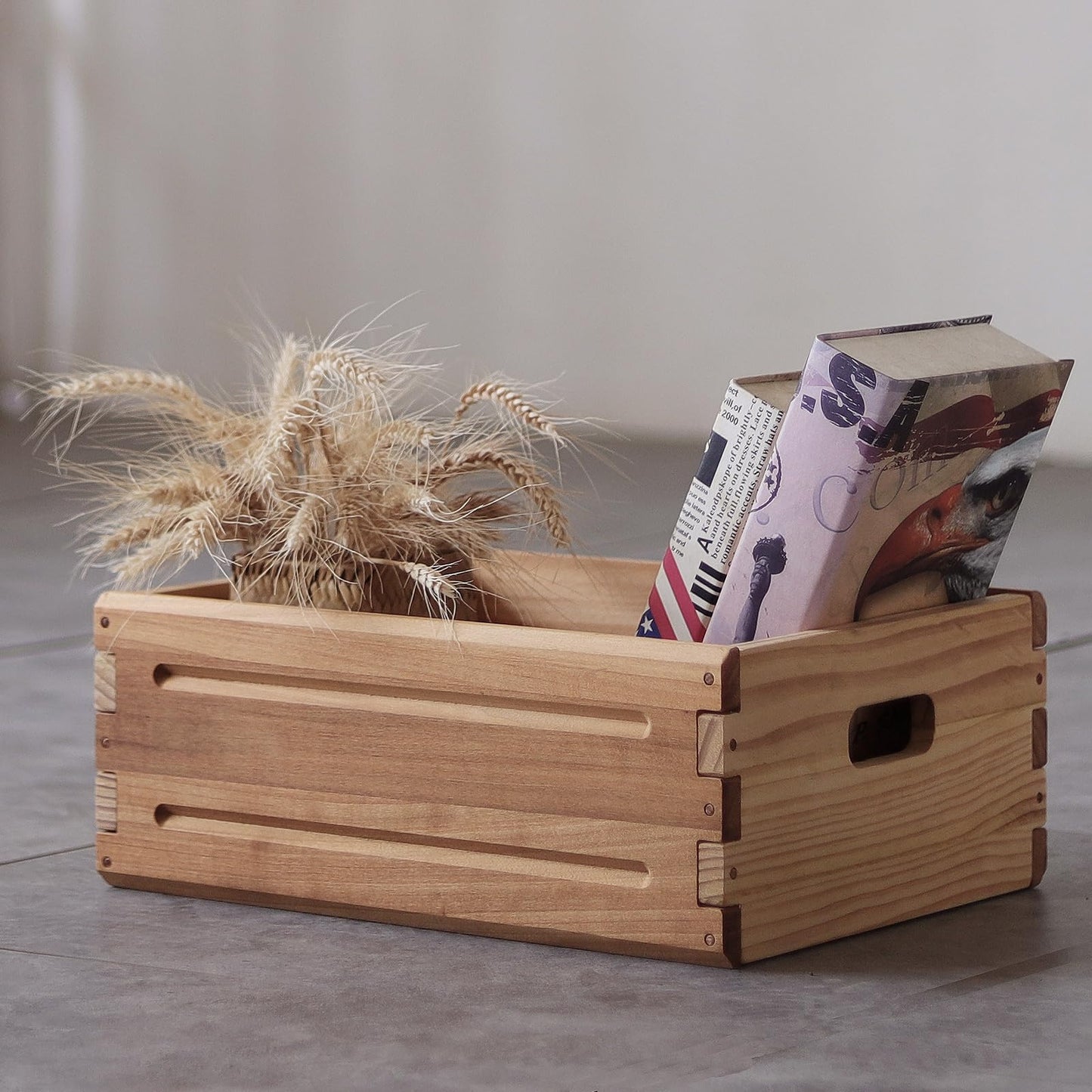 KLZLQ-XINCHEN 1 Pack Wooden Storage Bin of 16"x12"x6.25".Durable Open Solid Wood Box w/Handles.Farmhouse Container Shelf Baskets. Multipurpose Home Décor Organizer Crates for Display,Pantry,Book,CD