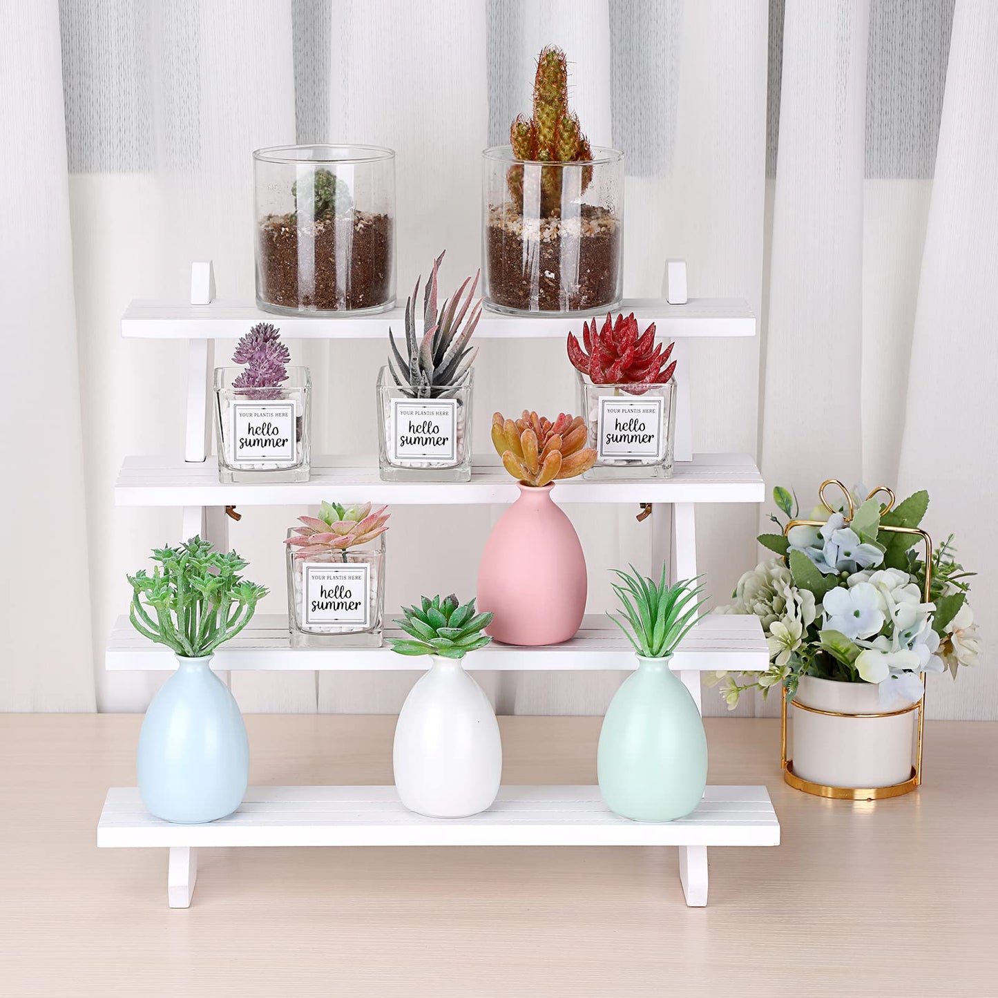 ELLDOO 4-Tier Wooden Display Riser, Retail Jewelry Card Display Stand, Rustic White Wooden Cupcake Stand Shelves, Organizer Showcase Cascading Merchandise Organizer Rack Vendor Display Supplies