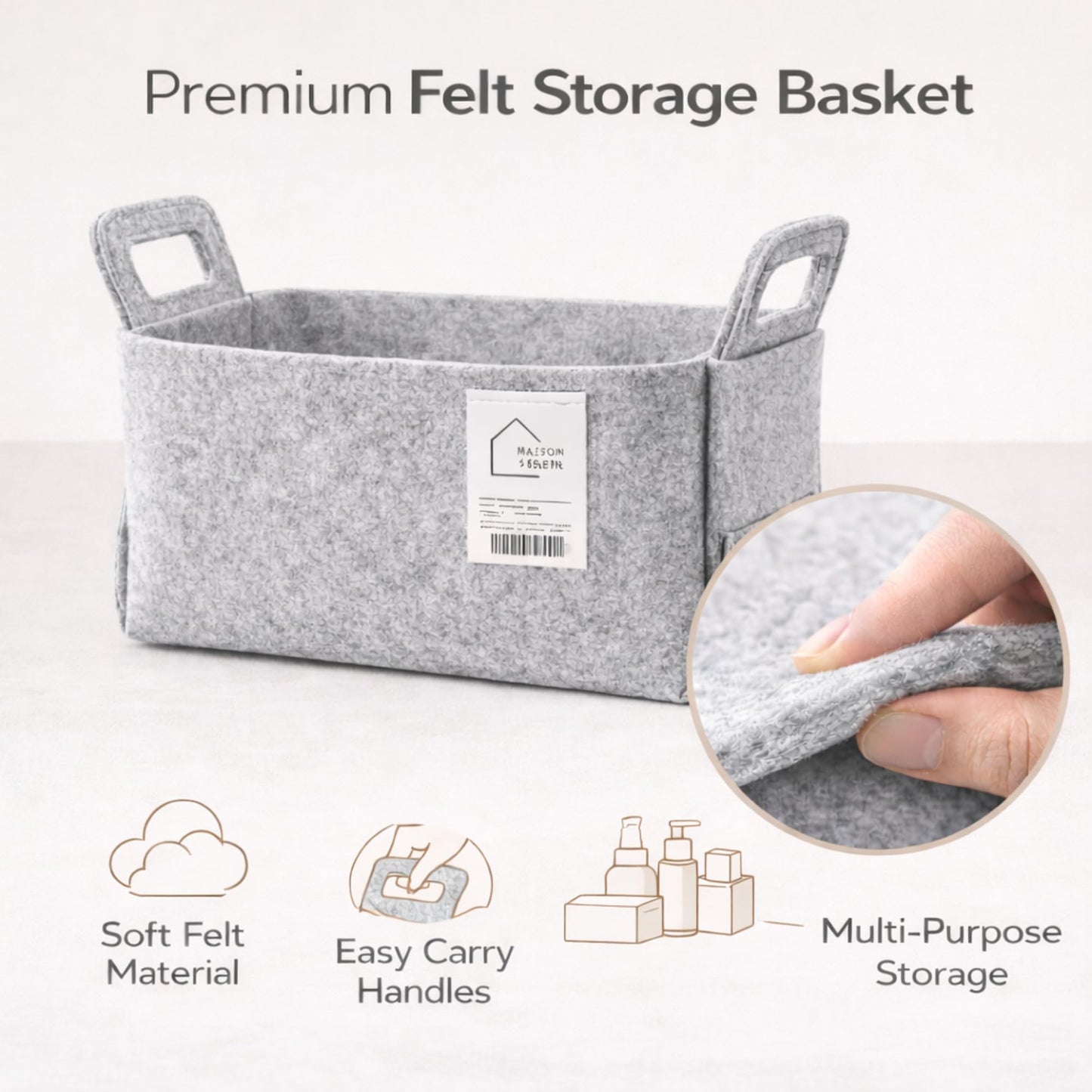 Felt Storage Bin - Foldable Fabric Storage Basket with Handles, Multi-Purpose Storage Organizer for Shelves, Closet, Toys, Clothes, Blankets, Bedroom, Living Room & Nursery, BLACK, Medium